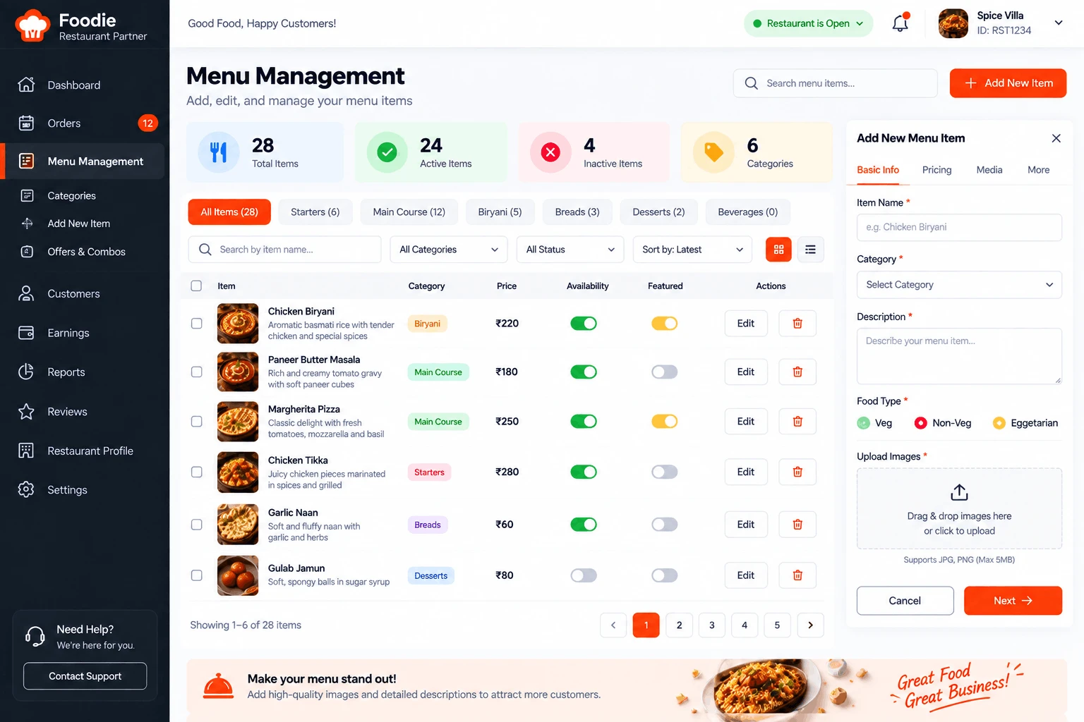 Food Items & Variant Pricing