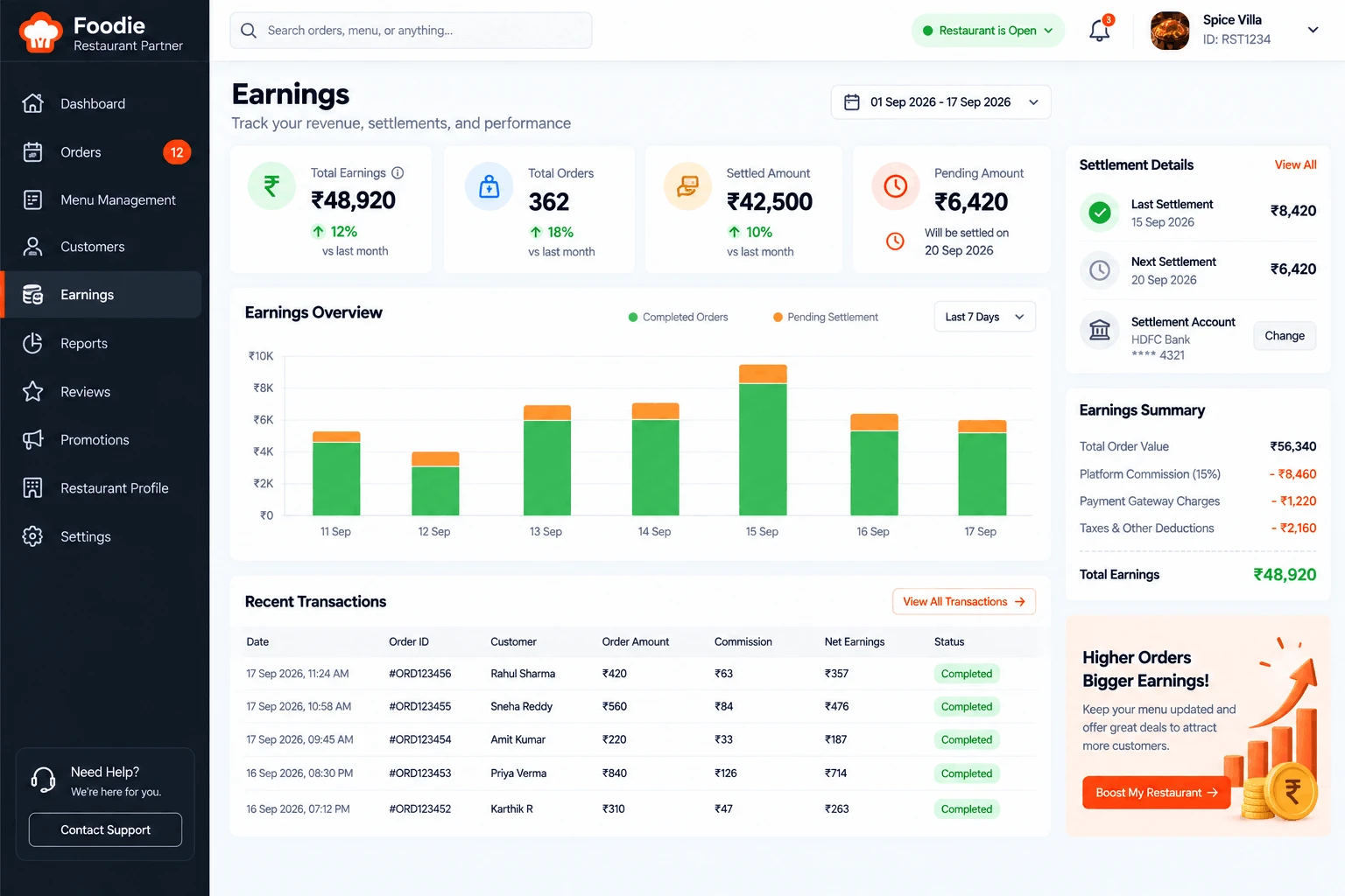 Restaurant Earnings & Payouts
