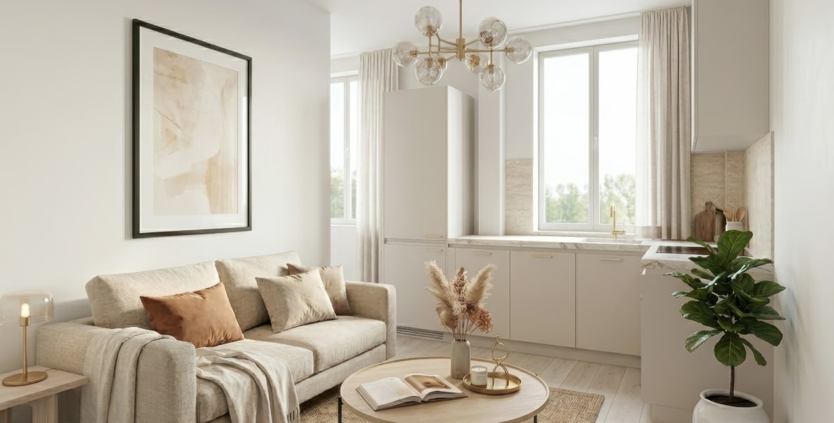 Appartement T2, séjour avec cuisine ouverte