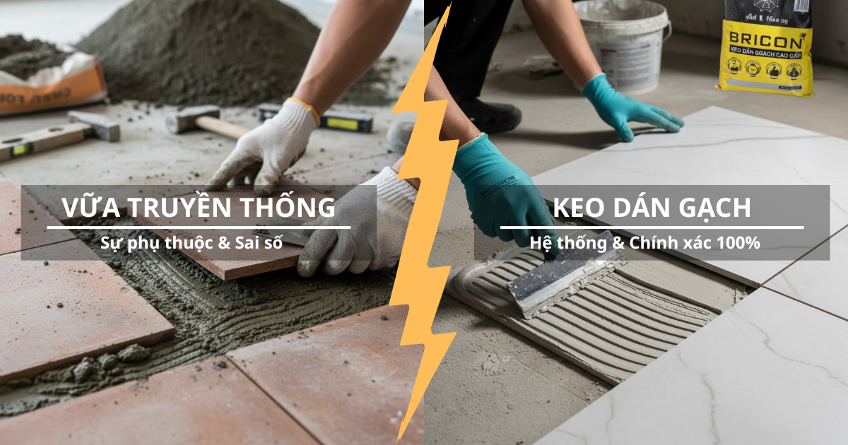 Hình ảnh so sánh vữa truyền thống và keo dán gạch BRICON trong thi công ốp lát.