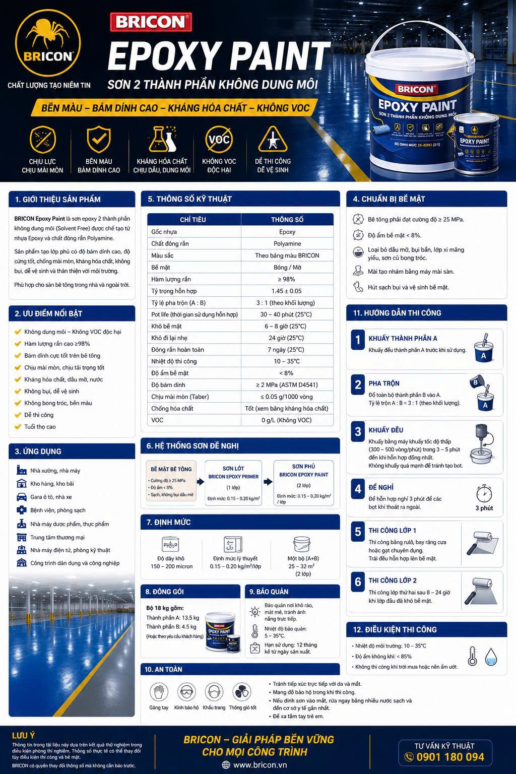 Sơn Epoxy 2 Thành Phần BRICON Không Dung Môi – Sơn Sàn Công Nghiệp Chịu Mài Mòn, Kháng Hóa Chất, Bám Dính Cao, Không VOC