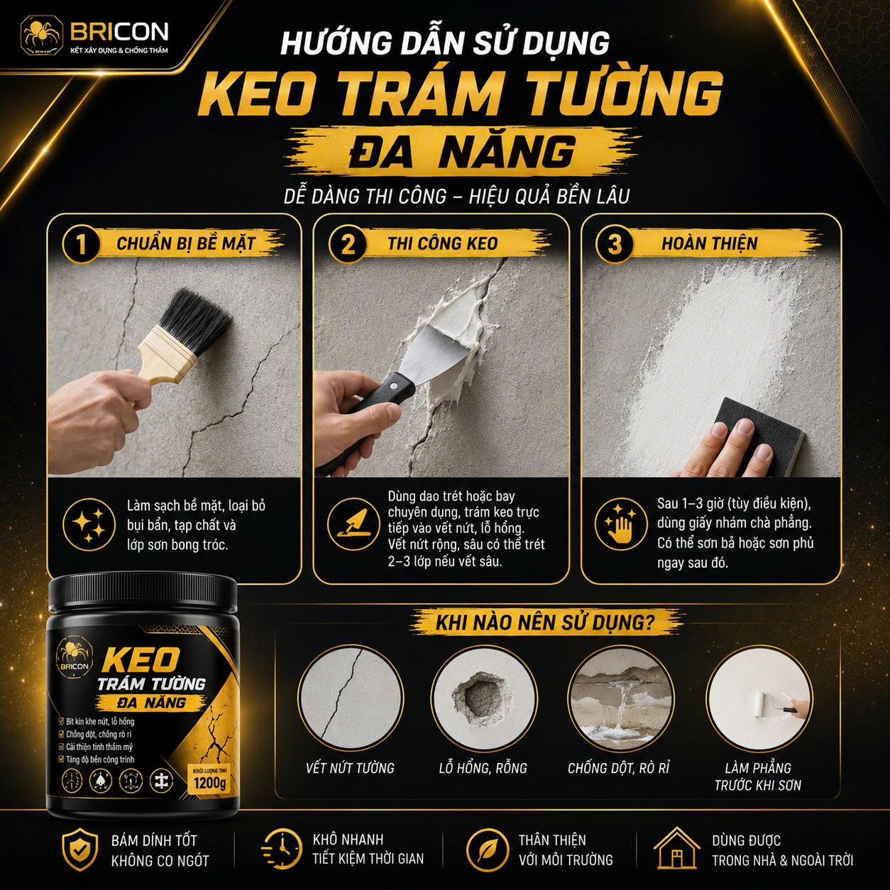Keo Trám Tường Đa Năng BRICON Gốc Acrylic Polymer – Vá Nứt Tường, Bít Lỗ Hổng, Chống Bong Tróc, Chà Nhám & Sơn Phủ Được (650g/1200g)