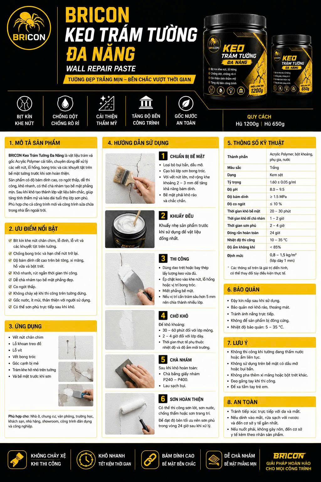 Keo Trám Tường Đa Năng BRICON Gốc Acrylic Polymer – Vá Nứt Tường, Bít Lỗ Hổng, Chống Bong Tróc, Chà Nhám & Sơn Phủ Được (650g/1200g)