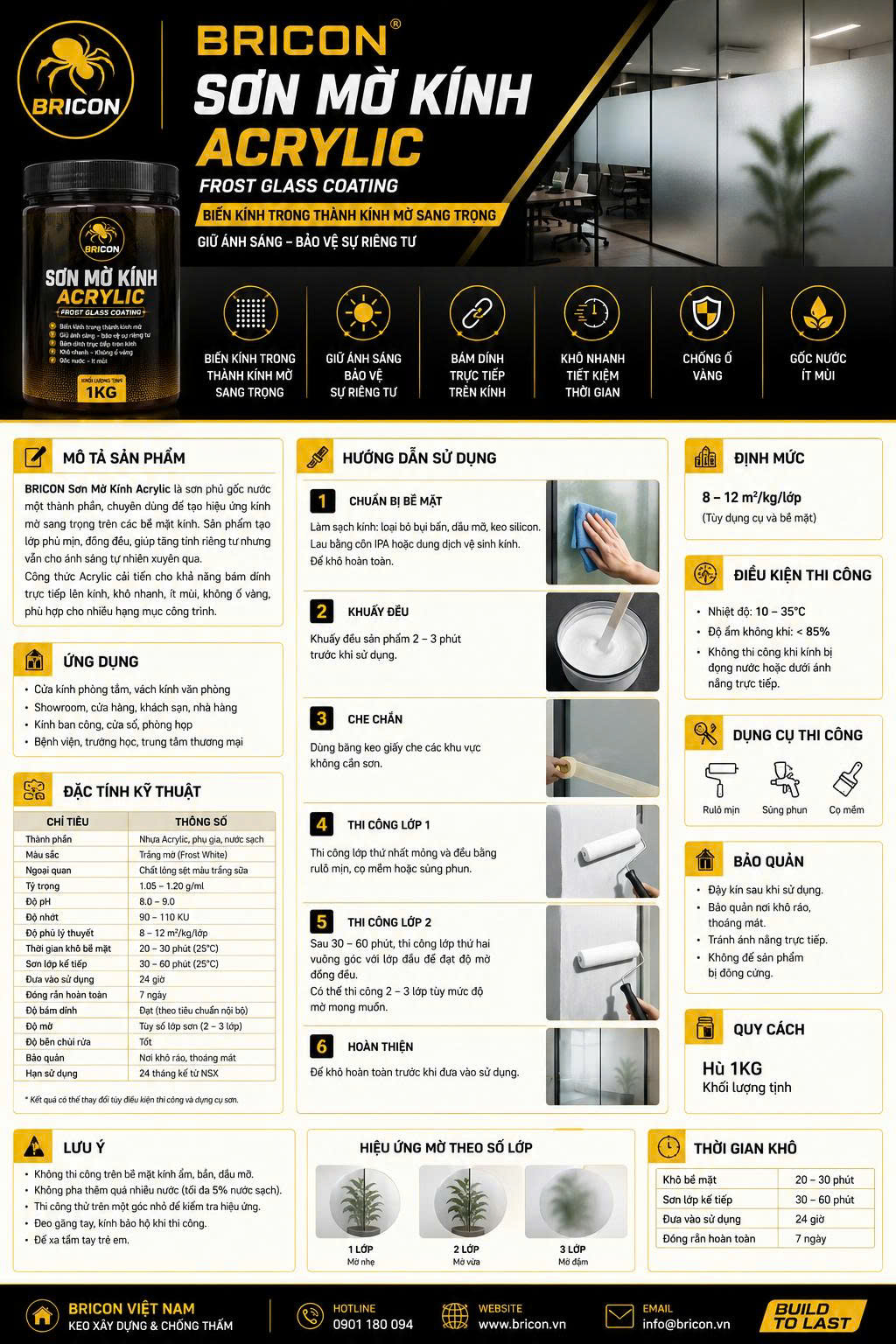 Sơn Mờ Kính Acrylic BRICON 1KG – Frost Glass Coating Gốc Nước, Tạo Hiệu Ứng Kính Mờ Tự Nhiên, Khô Nhanh, Chống Ố Vàng