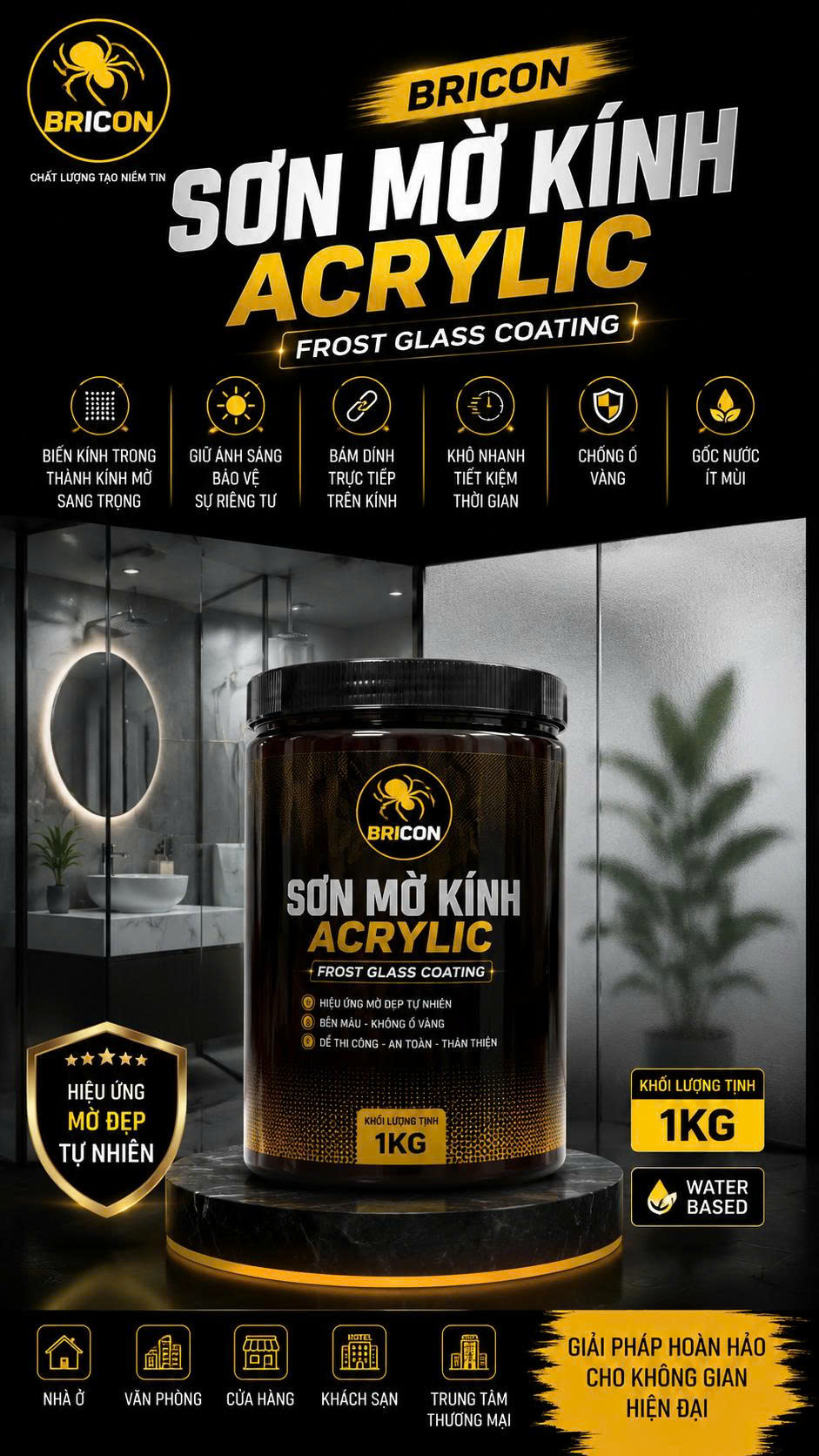 Sơn Mờ Kính Acrylic BRICON 1kg – Giải Pháp Tạo Hiệu Ứng Kính Mờ Sang Trọng, Thi Công Dễ Dàng
