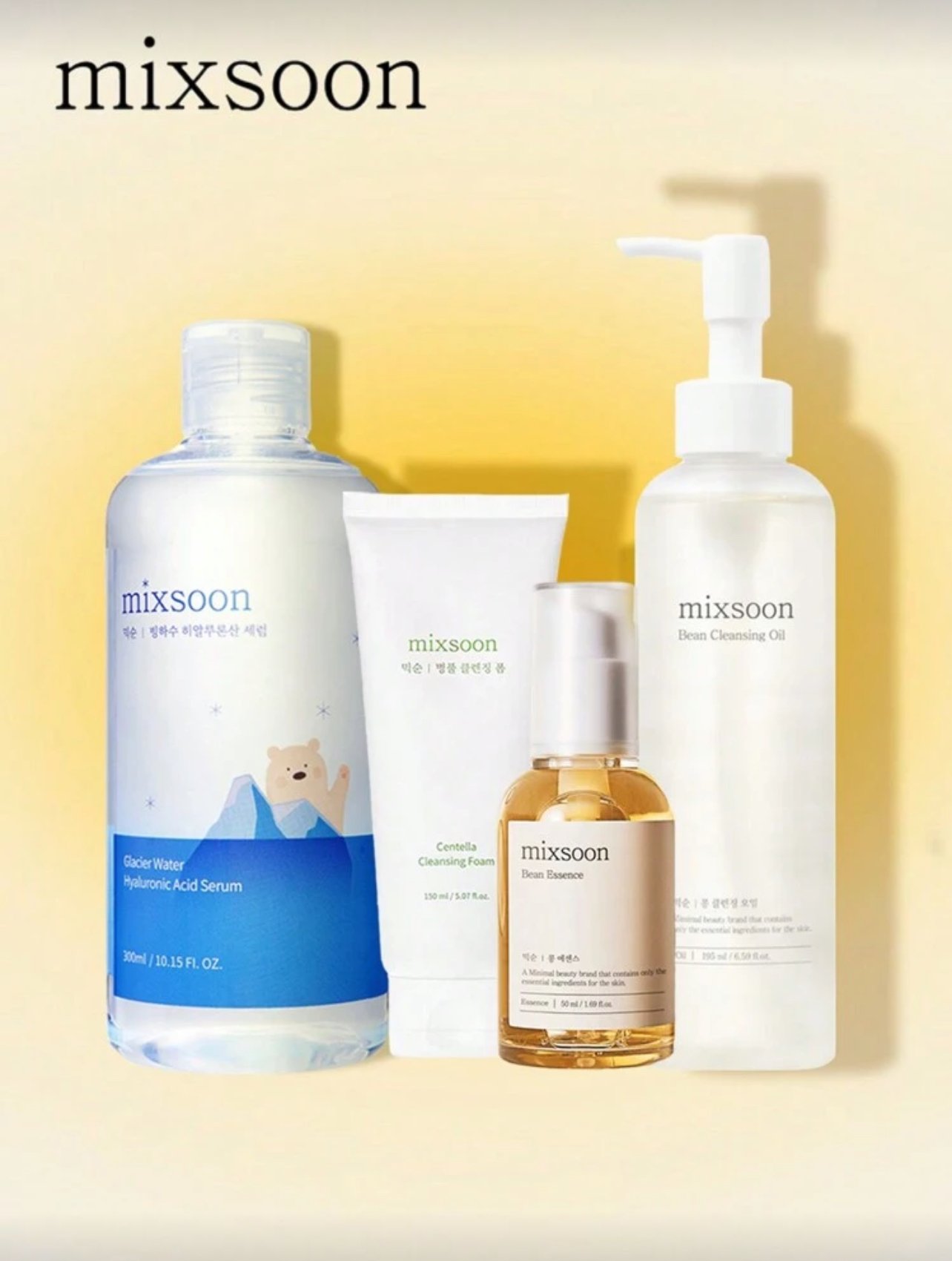 Mixsoon Clean Skincare Set, Bean Essence 50ml+Glacier Water Hyaluronic Acid Serum+Cleansing Foam - Image 1