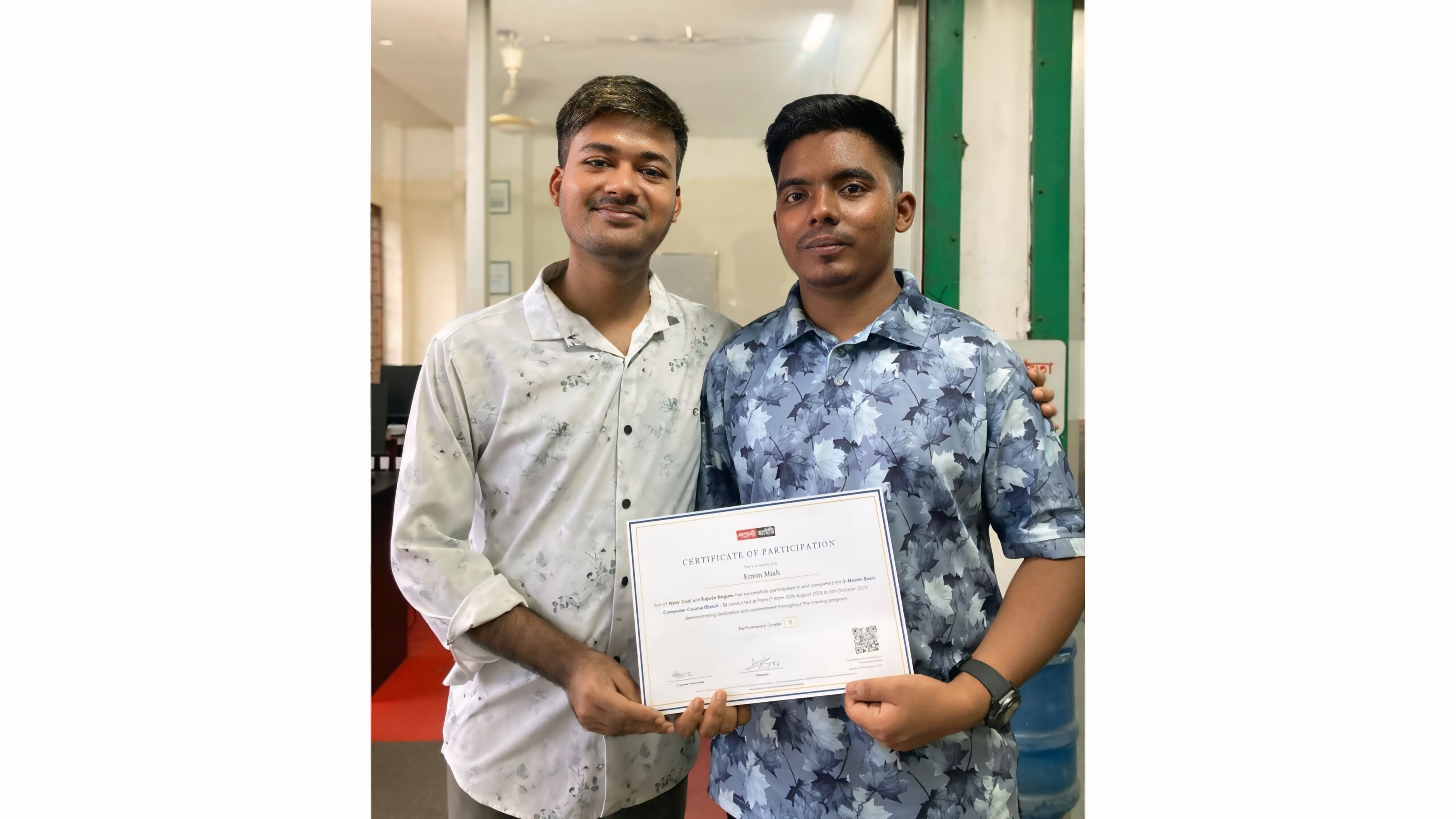Emon Miah receiving course completion certificate