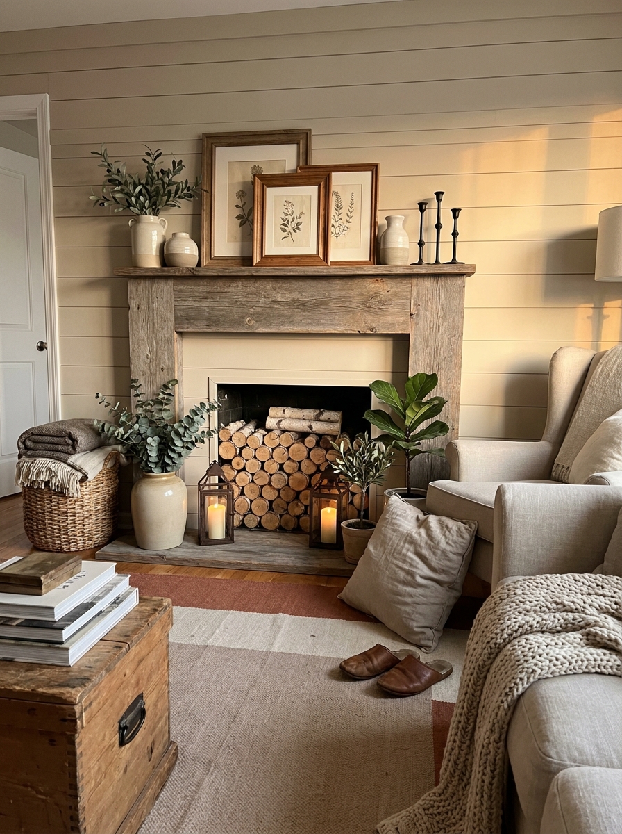 Turn the Firebox Into a Decorative Log Niche That Feels Collected