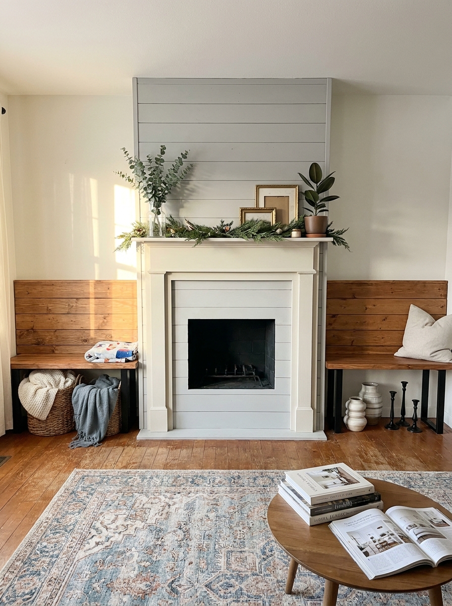 Build Low Window-Seat Style Benches on Both Sides for a Built-In Look