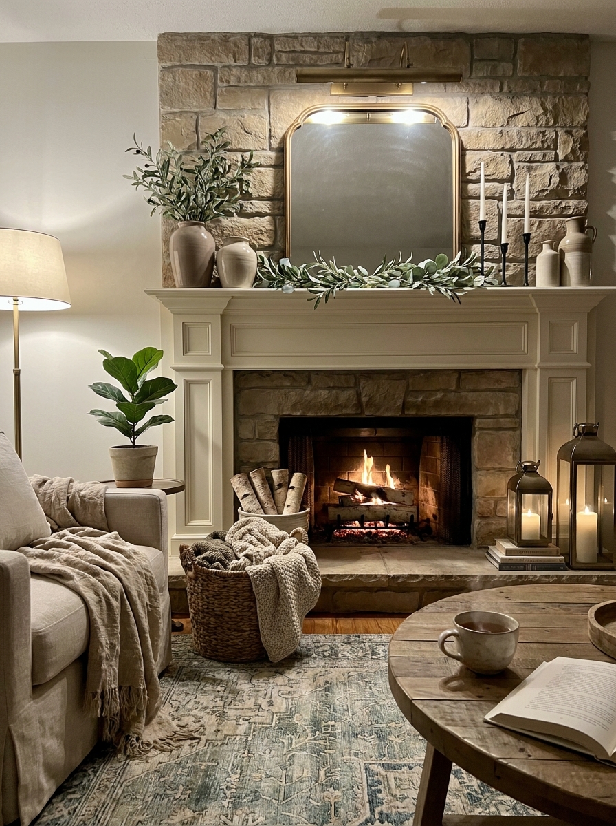Hang a Picture Light Above the Mantel for a Soft Designer Layer