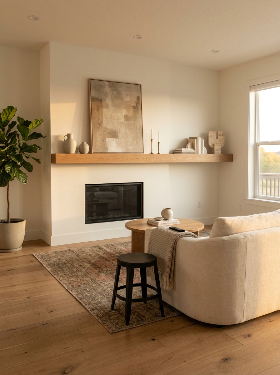 Float a Chunky Wood Mantel Across a Minimal Wall