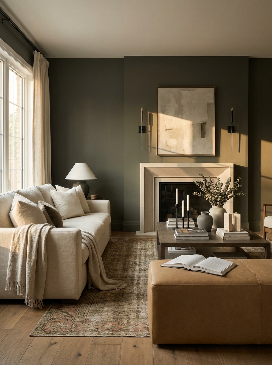 Paint the Fireplace Wall a Contrasting Moody Neutral