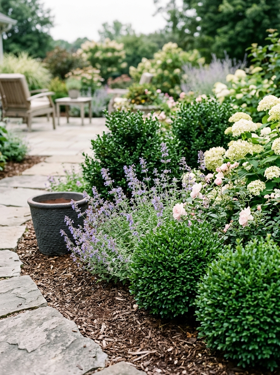 Mix Evergreen Structure With Soft Flowers for Year-Round Calm