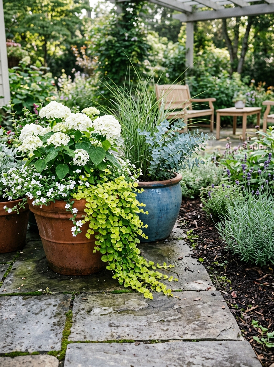 Soften Hard Patio Edges With Oversized Pots and Spillover Plants
