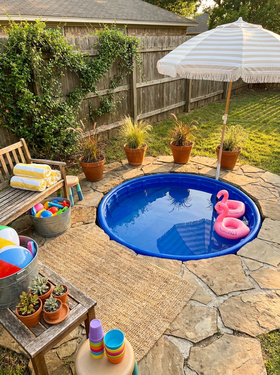 Half-Buried Kiddie Pool Oasis with Stone Surround