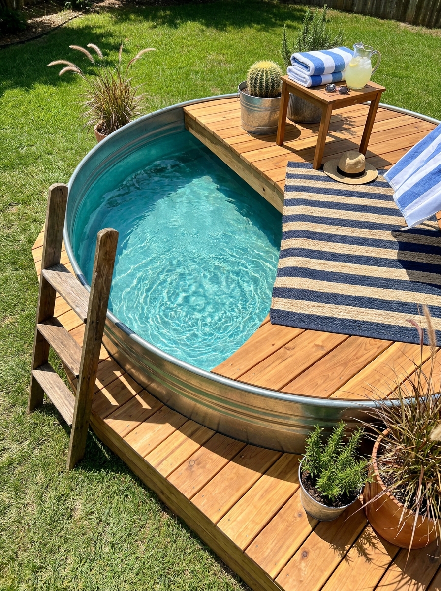 Classic Galvanized Round Stock Tank with Cedar Deck Surround