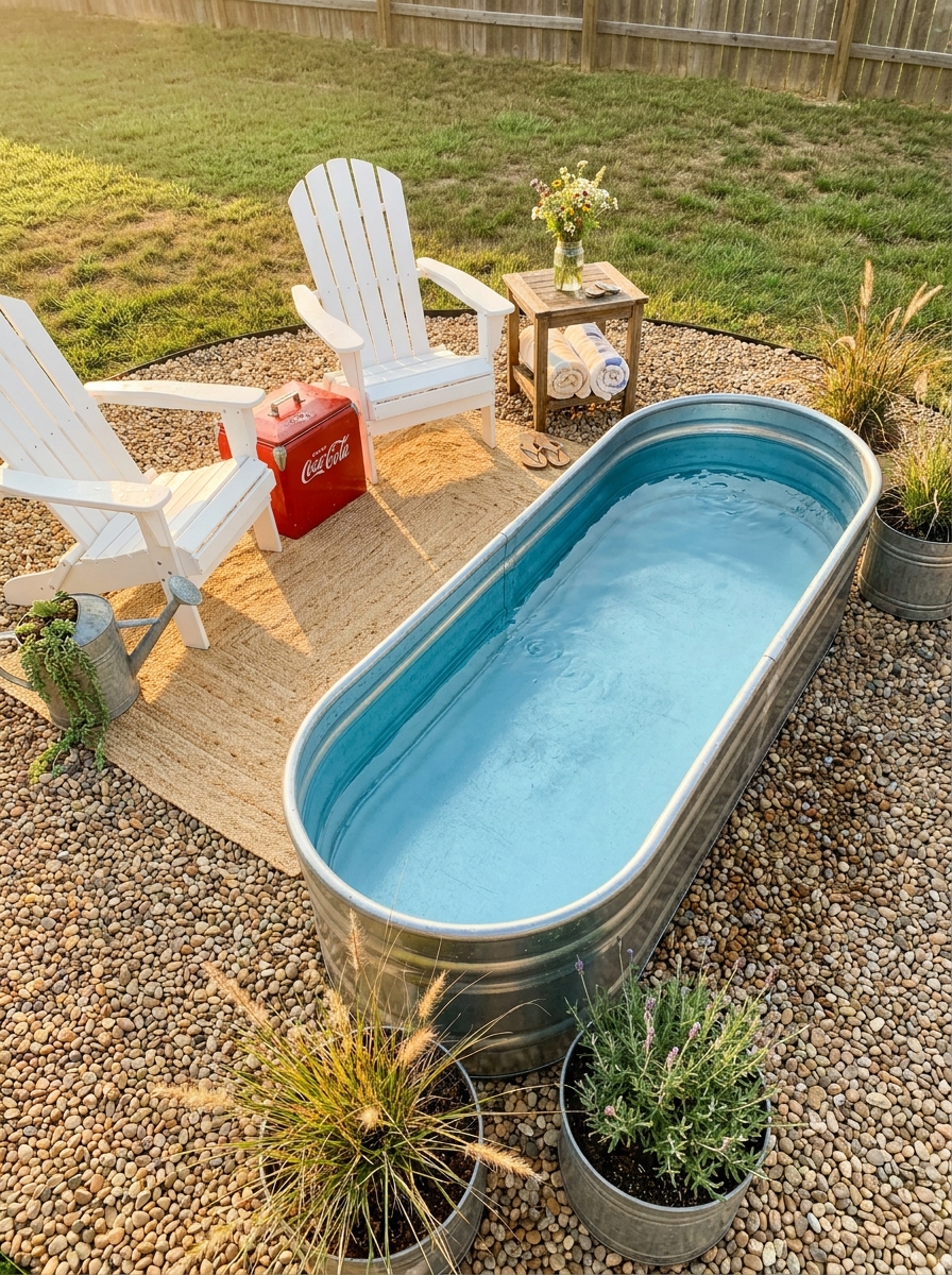 Oval Stock Tank Pool with Gravel Patio Base