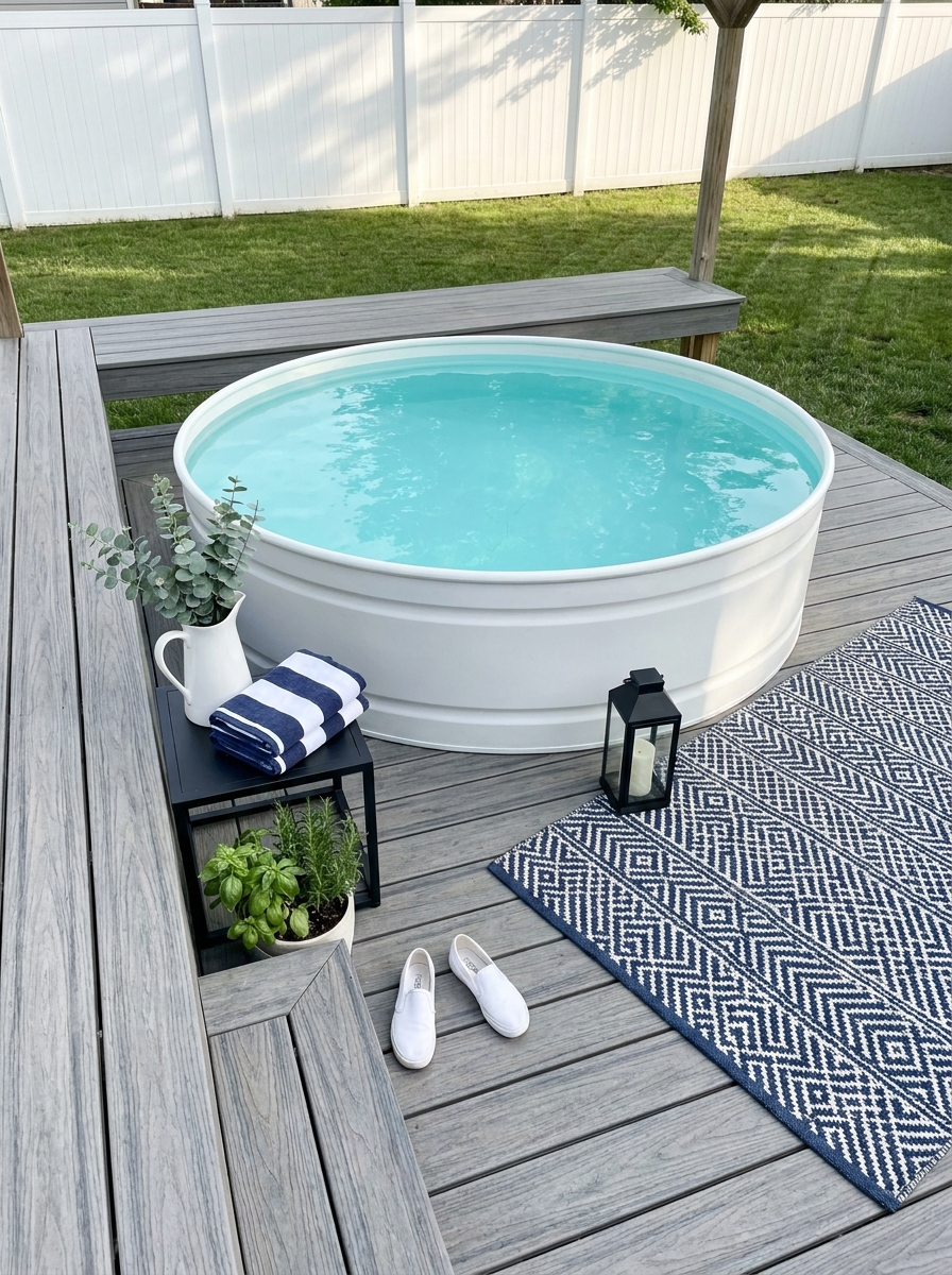 White-Painted Stock Tank Pool on Composite Deck