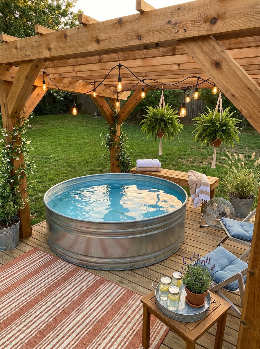 Stock Tank Pool with Built-In Pergola and String Lights