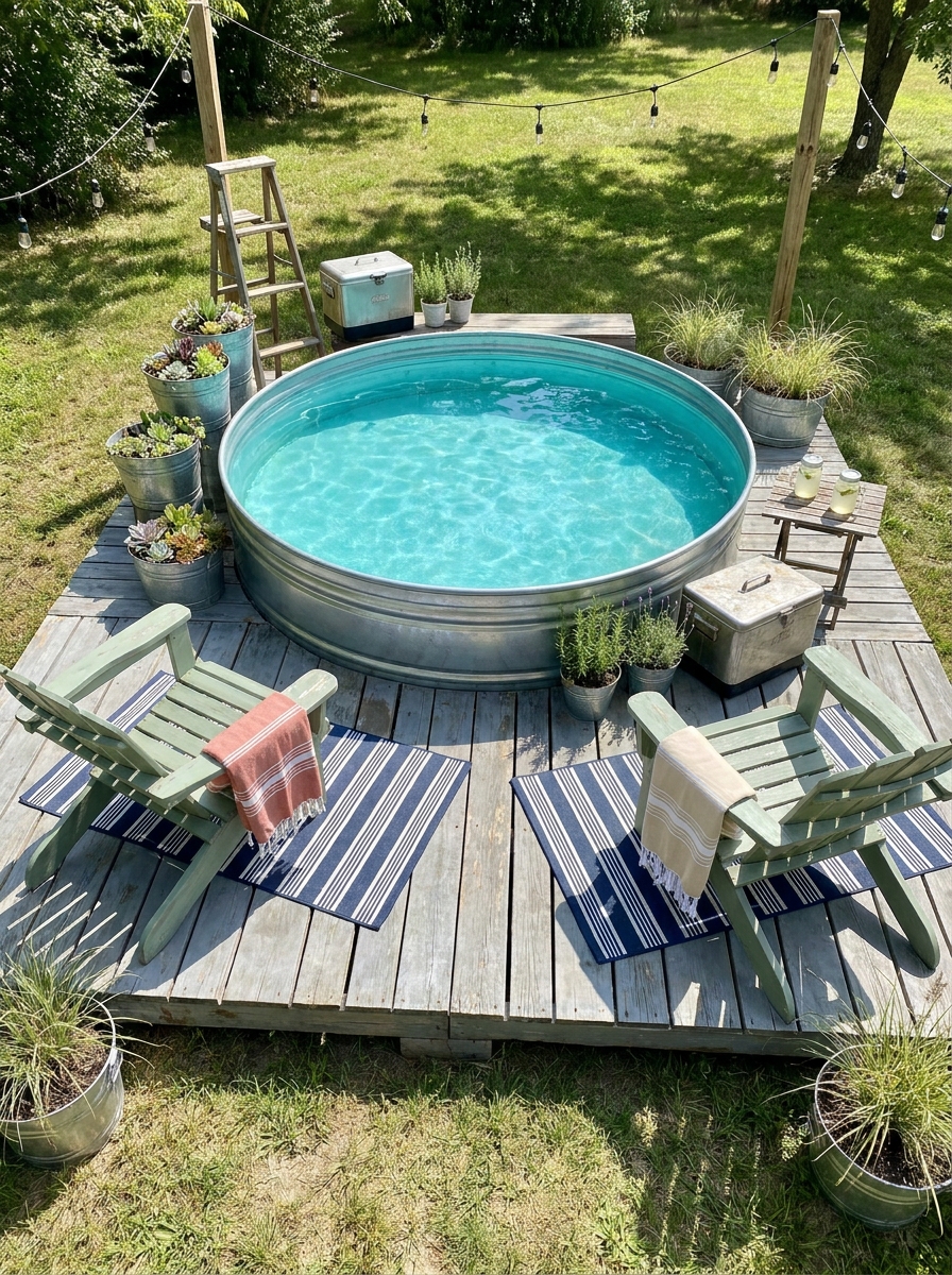 Stock Tank Pool with DIY Pallet Deck and Lounge Area