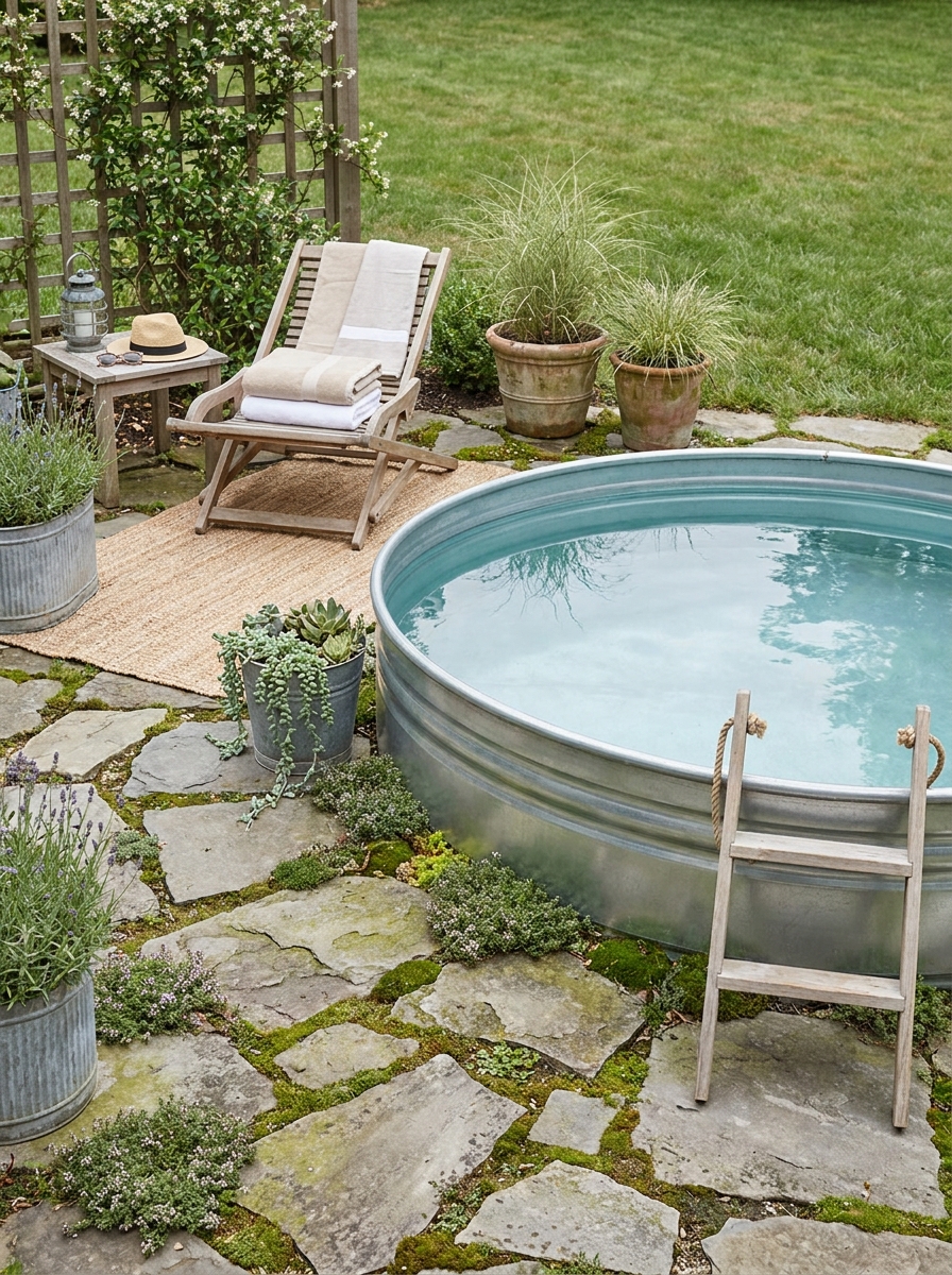 Stock Tank Pool Partially Sunken into Ground with Stone Edging