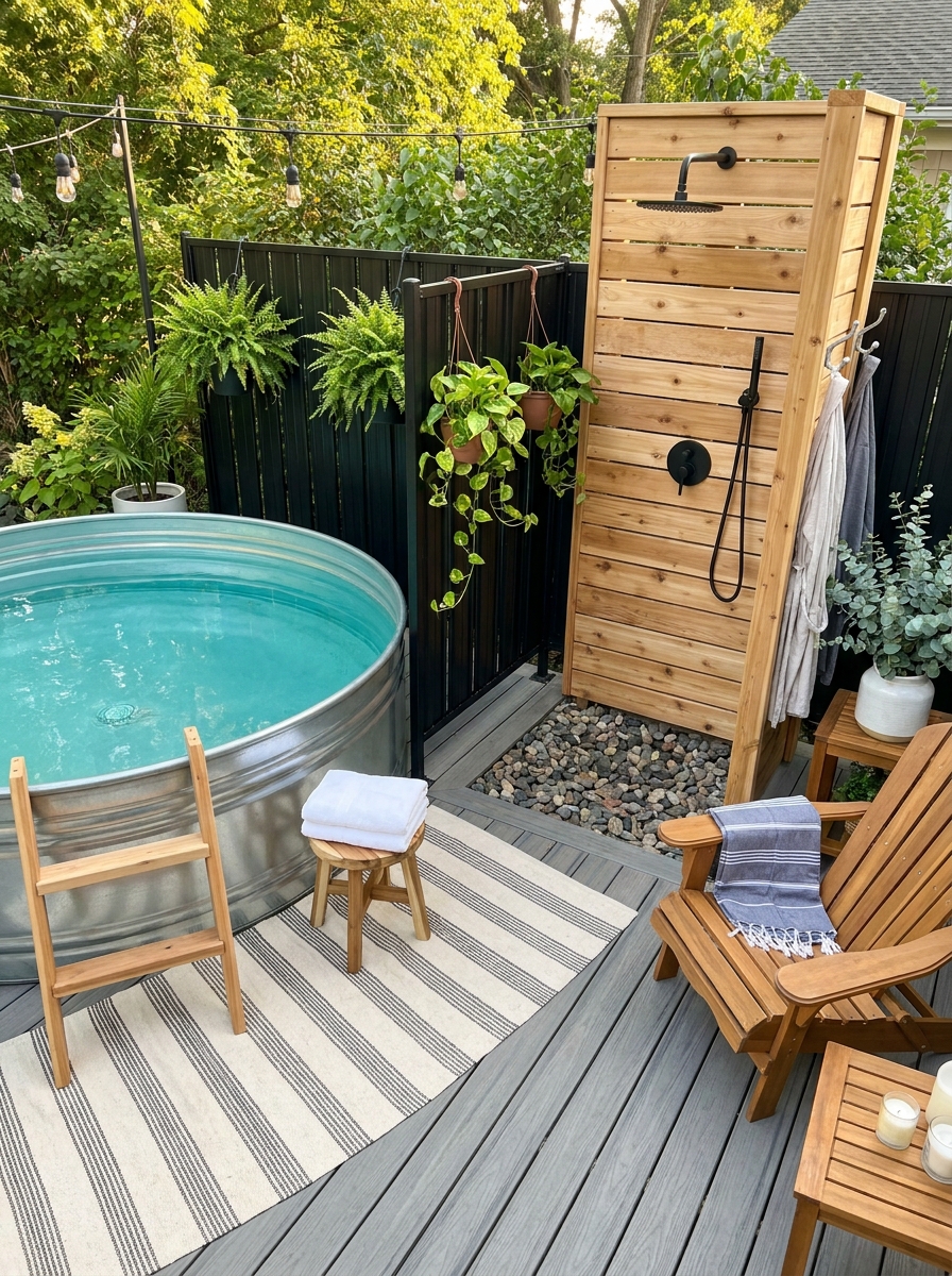 Stock Tank Pool with Outdoor Shower Station and Privacy Screen