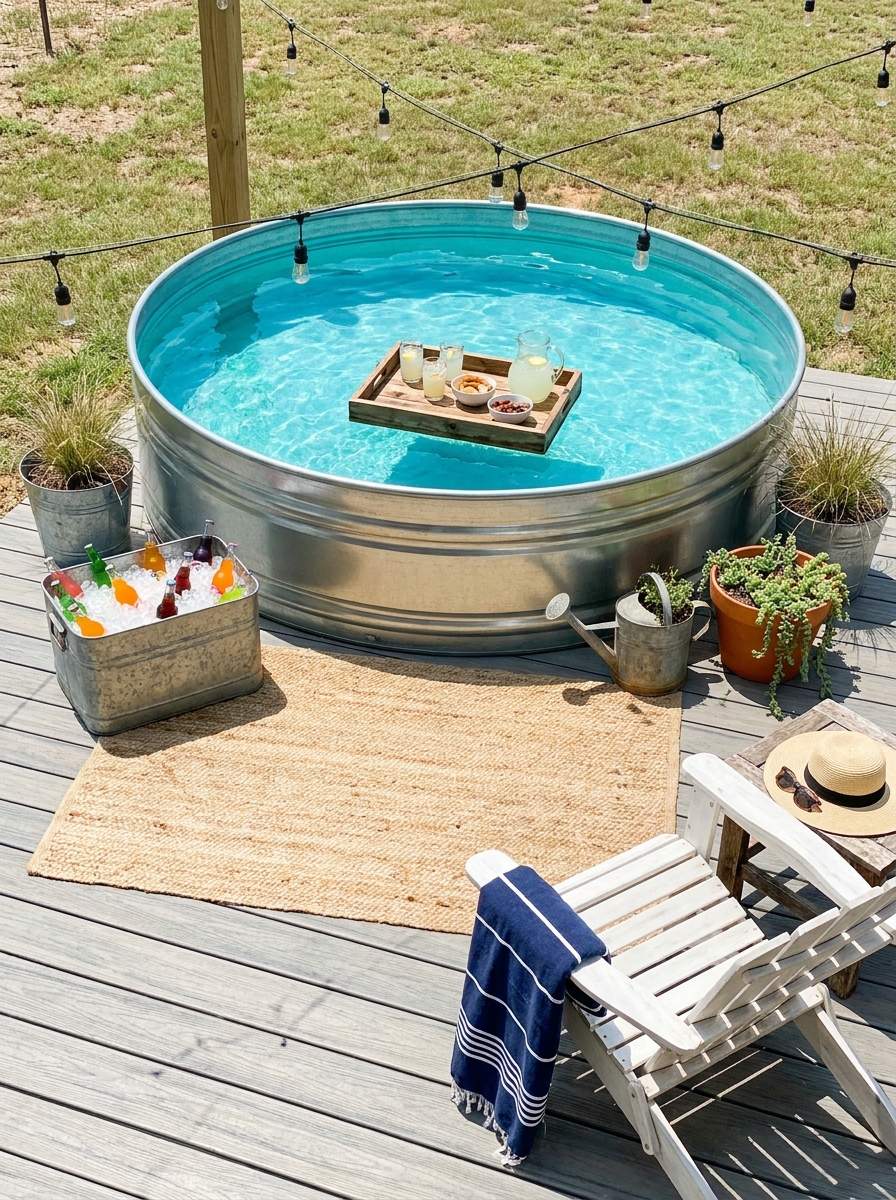 Stock Tank Pool with Floating Bar and Beverage Cooler Setup