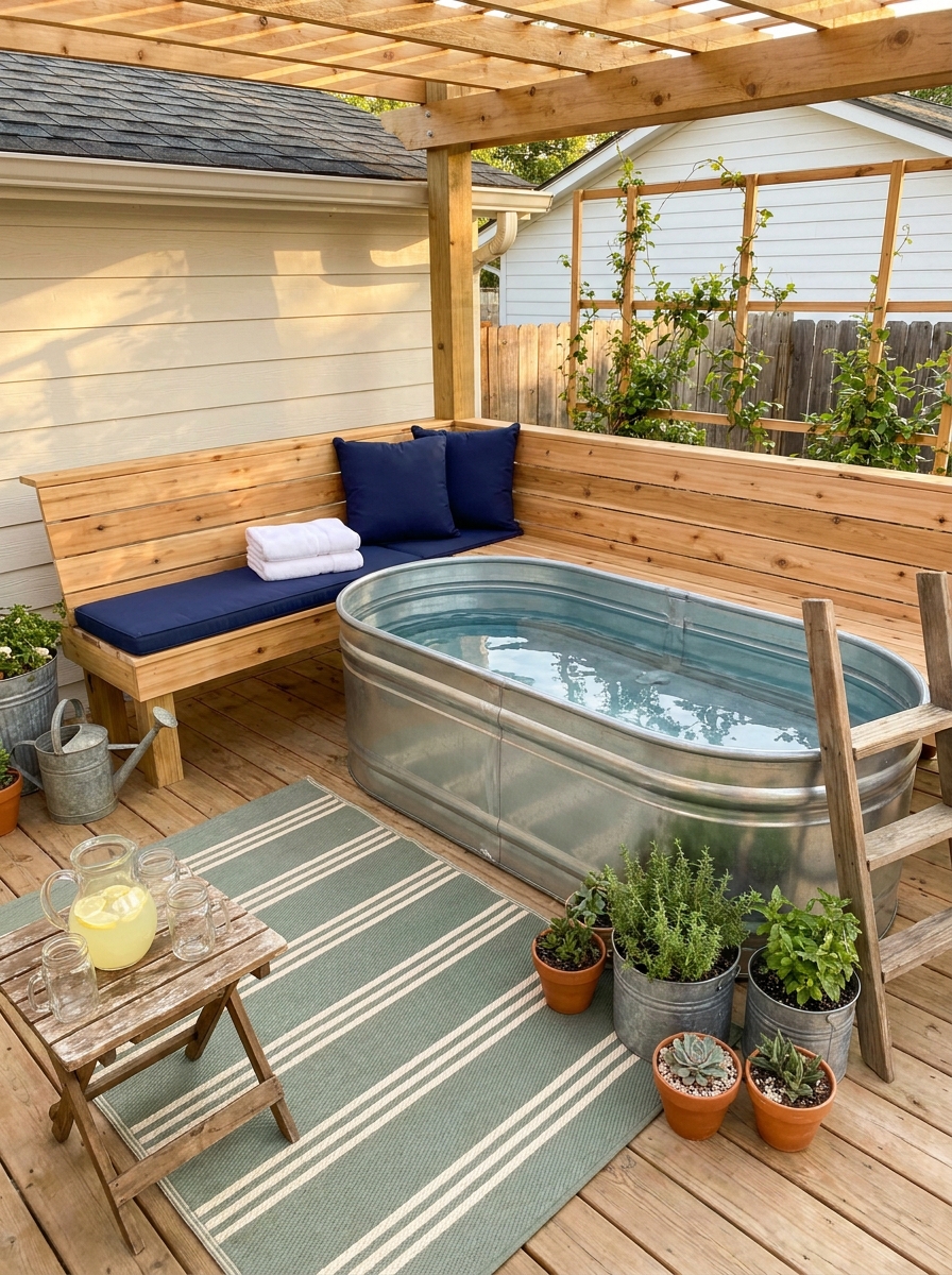 Stock Tank Pool with Bench Seating Built into Deck Corner