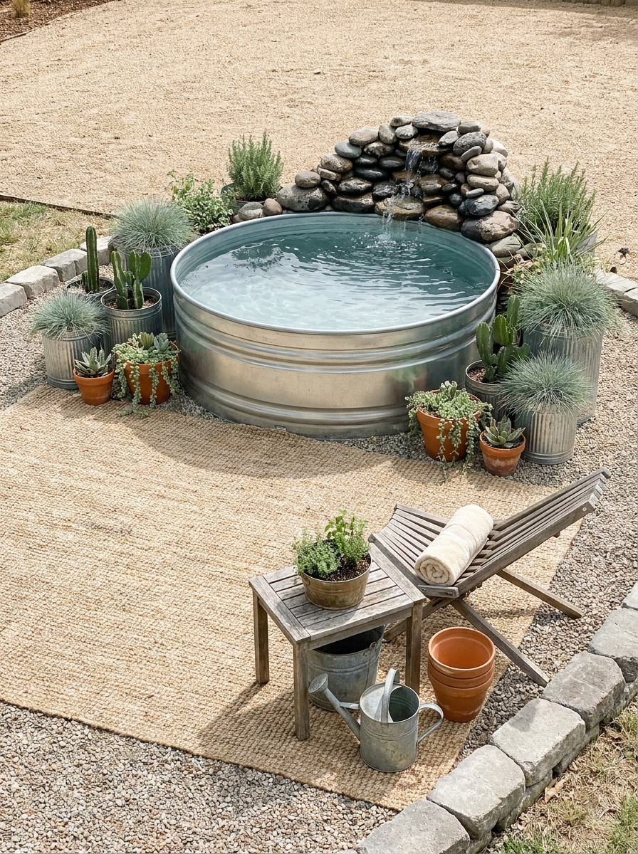 Stock Tank Pool with Rock Garden and Waterfall Feature