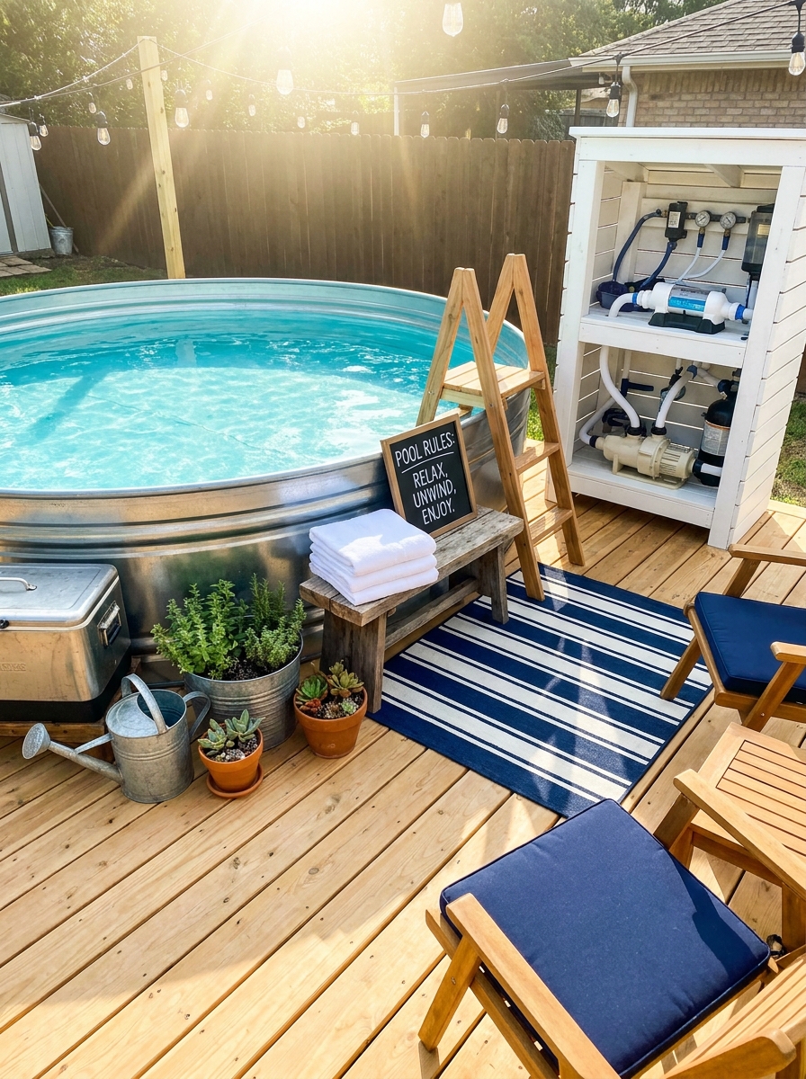 Stock Tank Pool with Saltwater Conversion and Low-Maintenance System