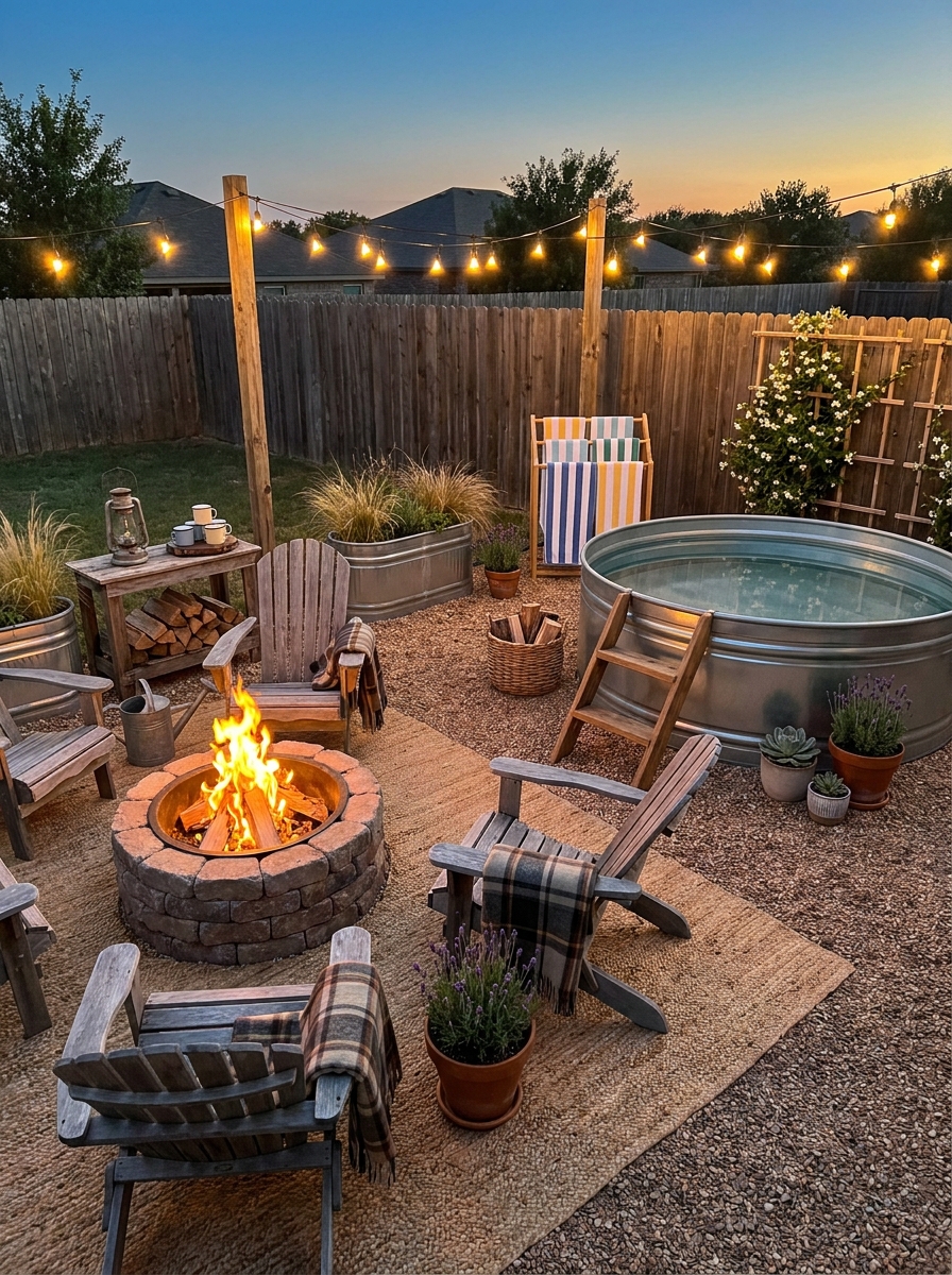 Stock Tank Pool with Fire Pit Lounge and Evening Entertainment Zone