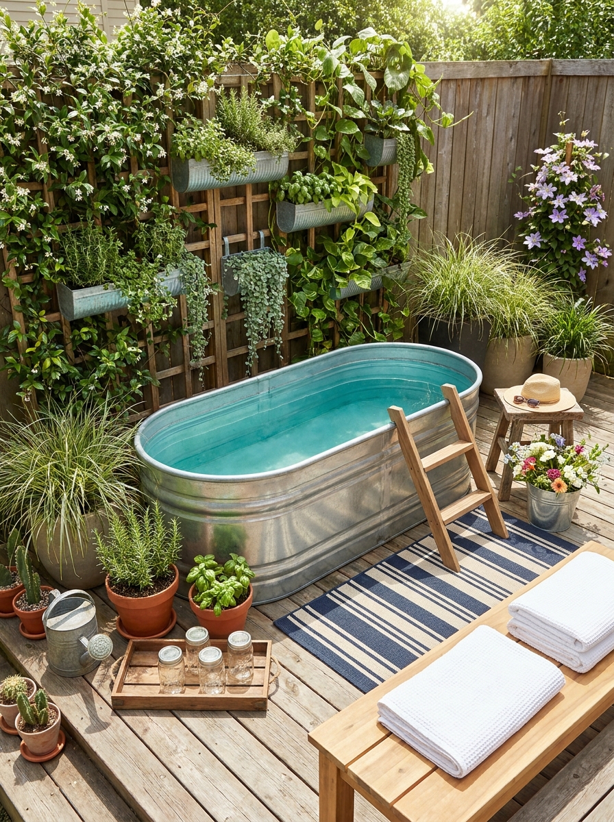 Stock Tank Pool with Vertical Garden Wall and Herb Planter Backdrop