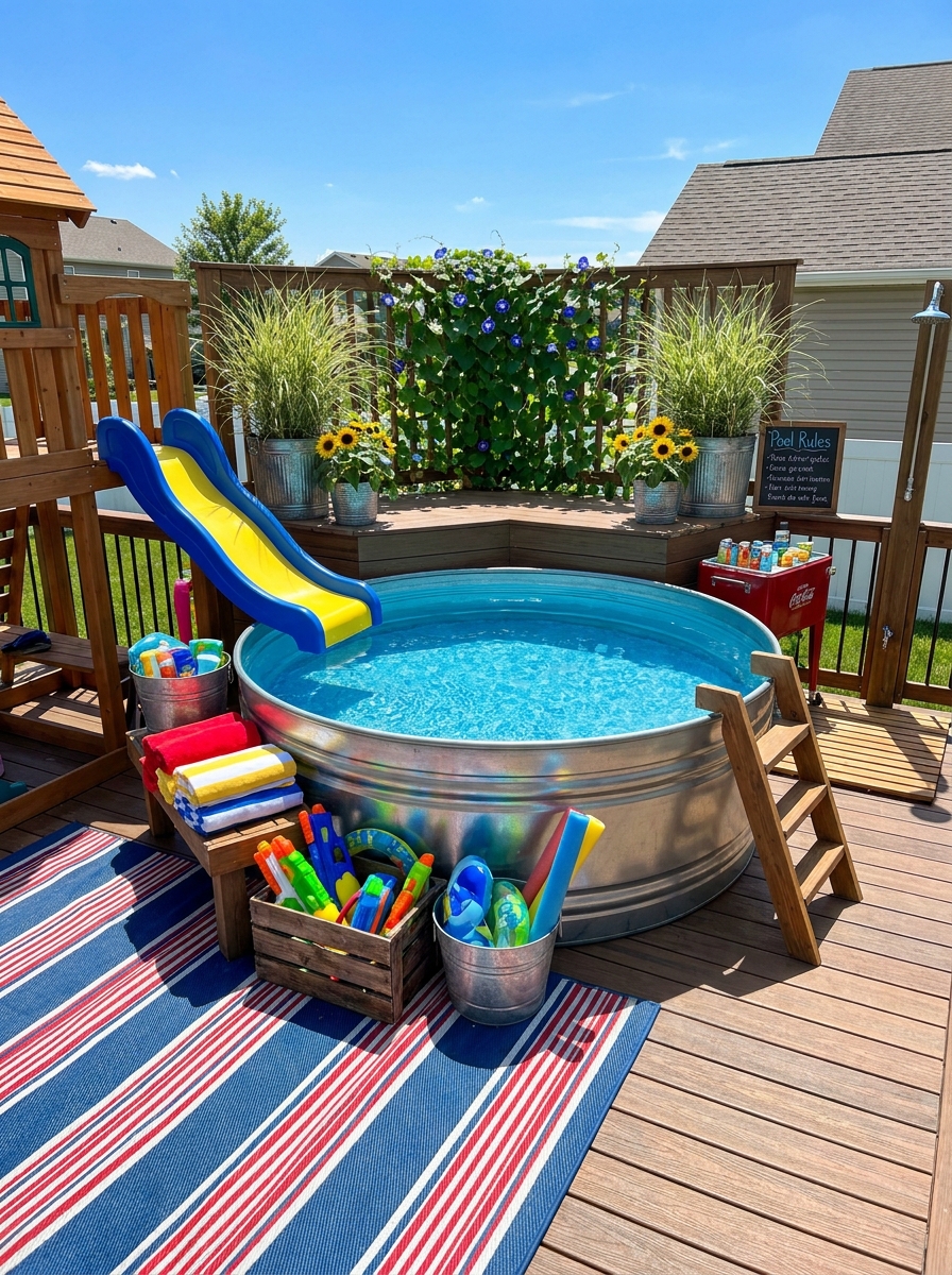 Stock Tank Pool with DIY Slide Entry and Kids' Play Station