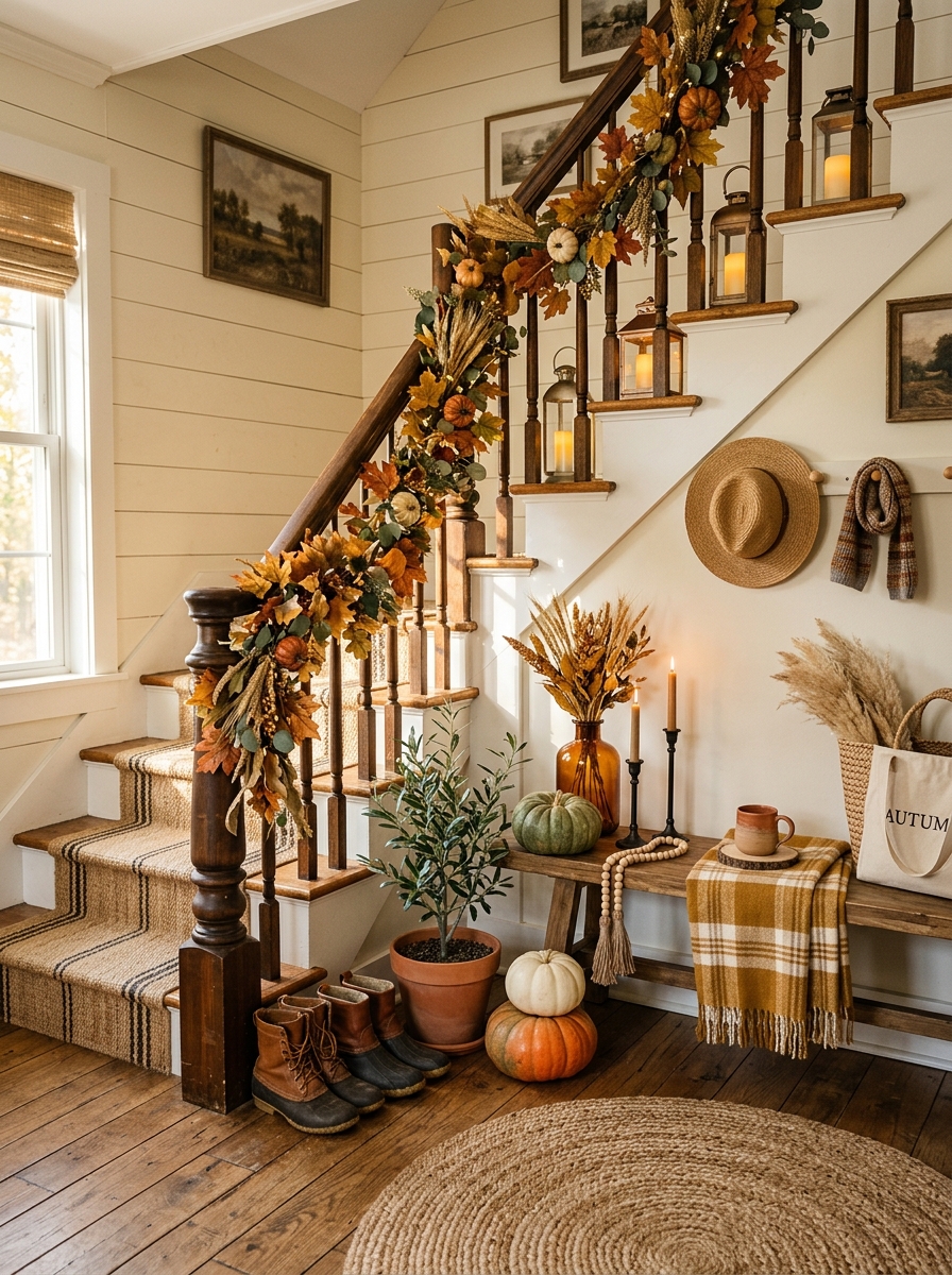 Add a Harvest Touch to the Staircase With Ribbon, Leaves, and Lanterns