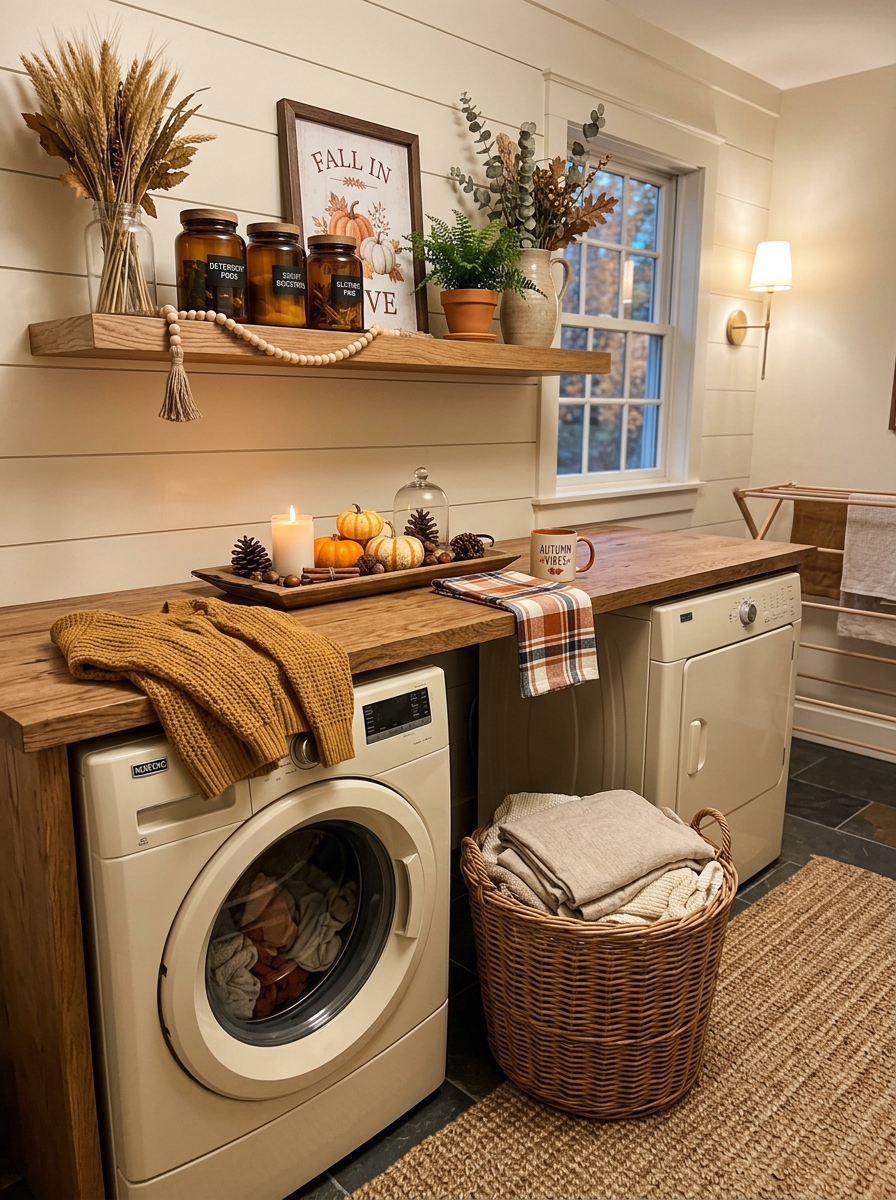 Make the Laundry Room Feel Nicer With Warm Wood and Seasonal Details