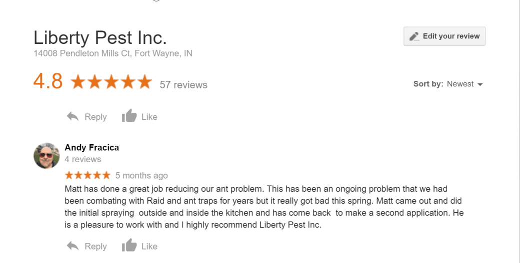 Customer review of Liberty Pest Control