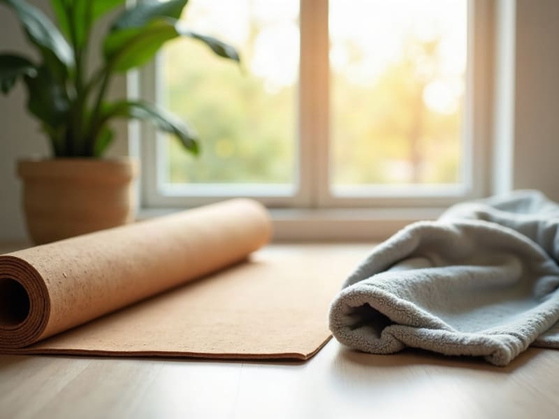 A rolled cork mat and a soft blanket by a sunny window