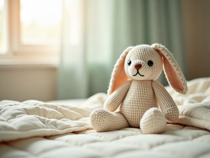 A knitted plush bunny on a cream quilt in a sunlit room