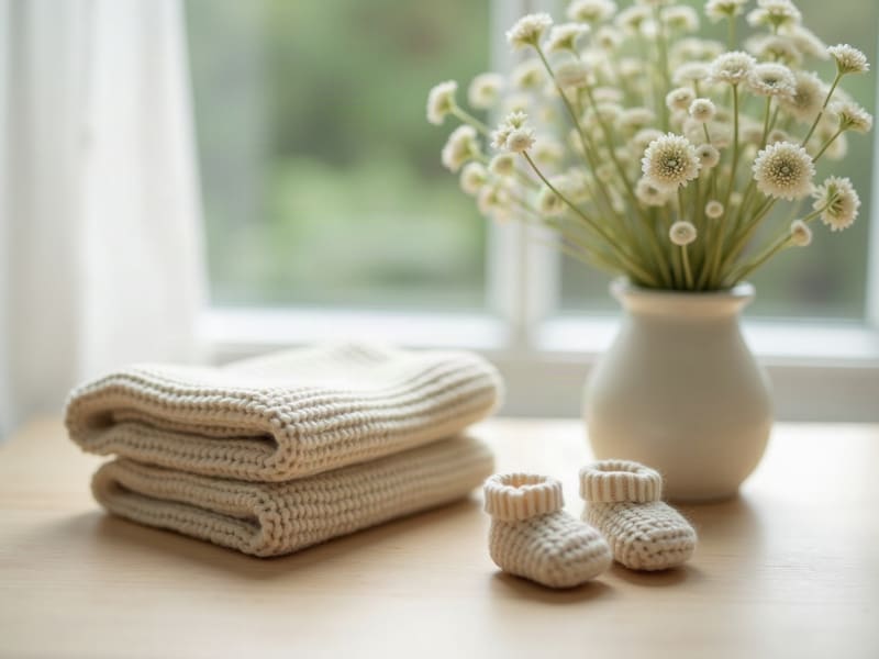 Knitted baby booties and a small blanket beside white wildflowers