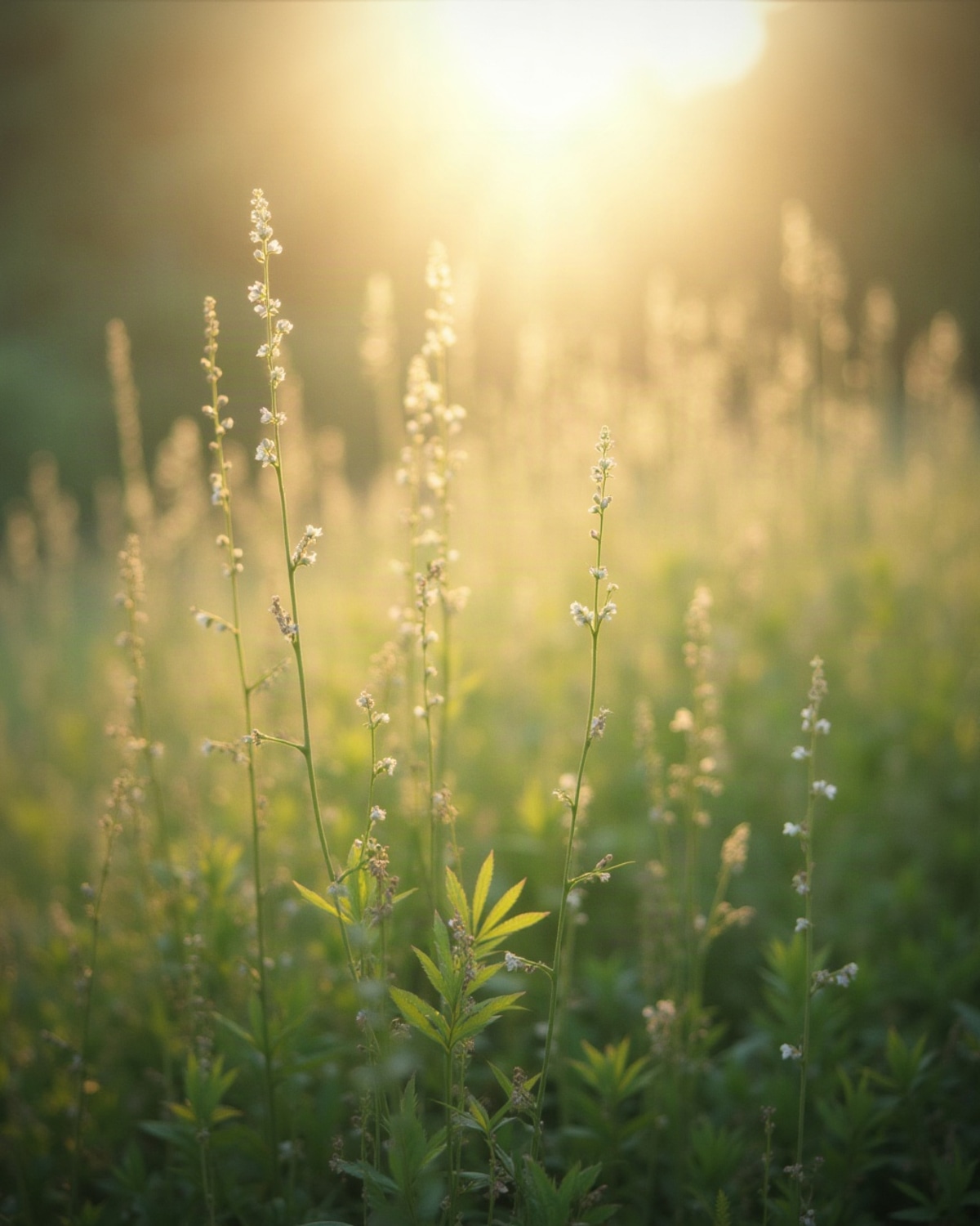 Soft morning sunlight through tall meadow grasses