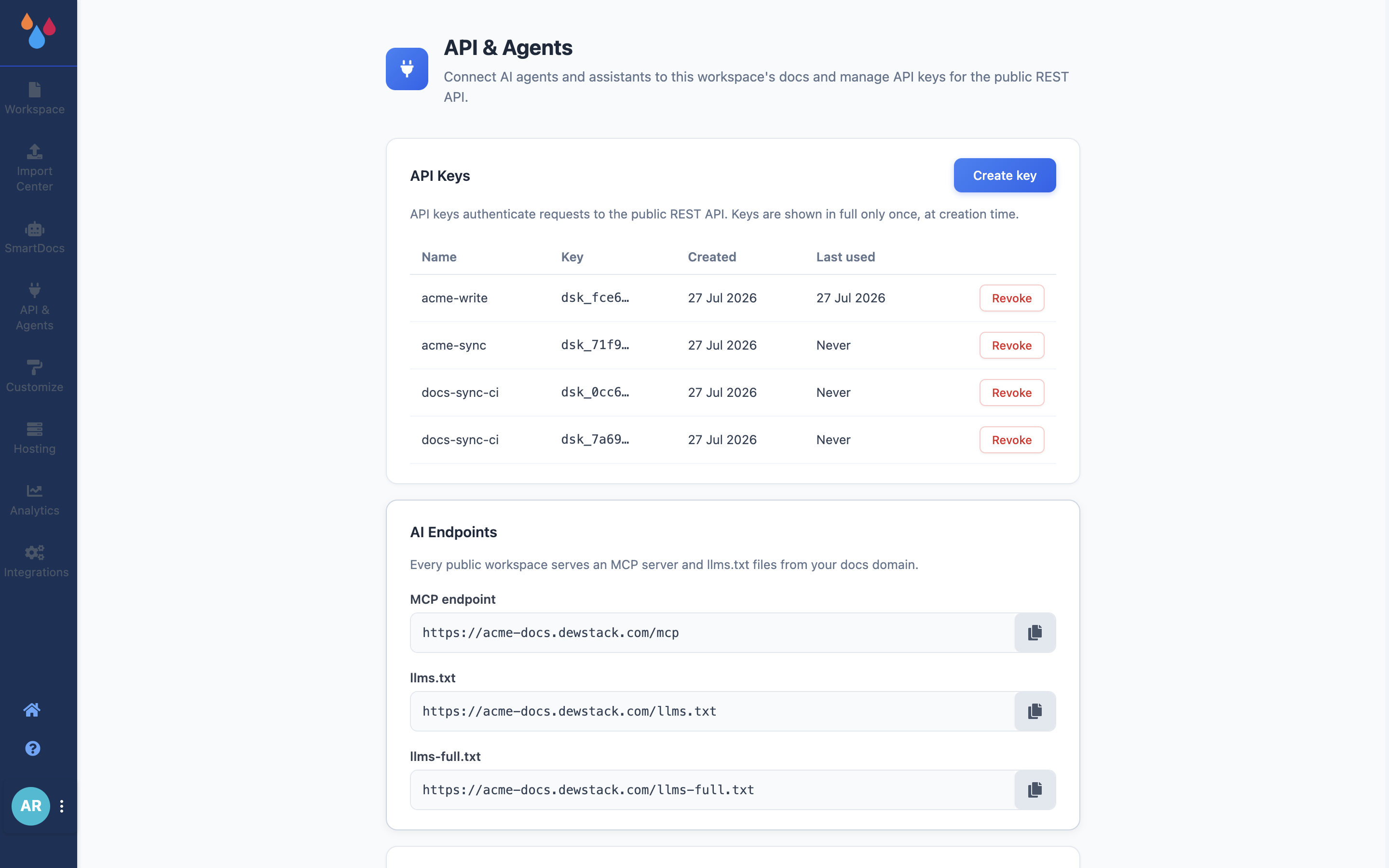 The API & Agents page with the API Keys card listing one key by name, truncated key, created date and last used
