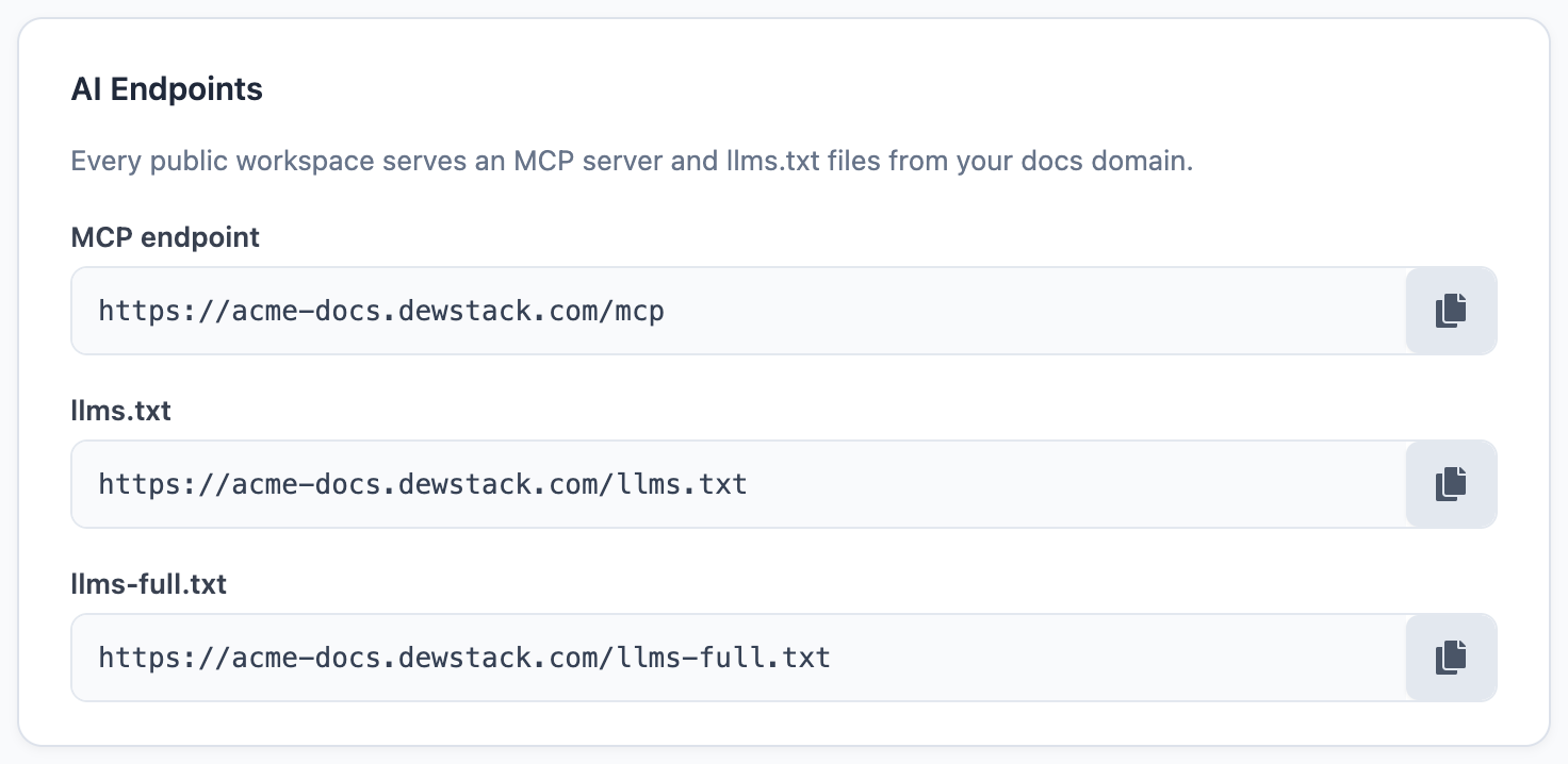 The AI Endpoints card on the API & Agents page listing the workspace's /mcp, /llms.txt and /llms-full.txt URLs with copy buttons