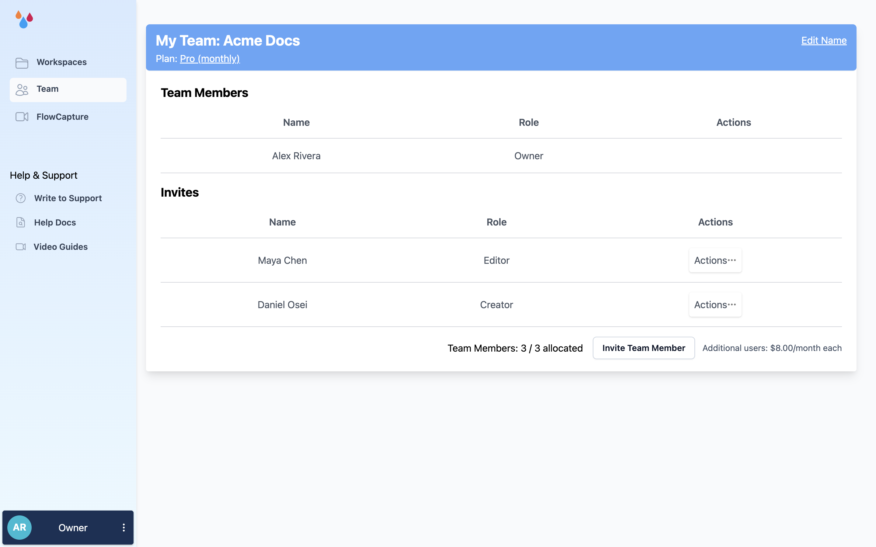 The Team page listing members with their roles, above the Invite Team Member button and the seat count