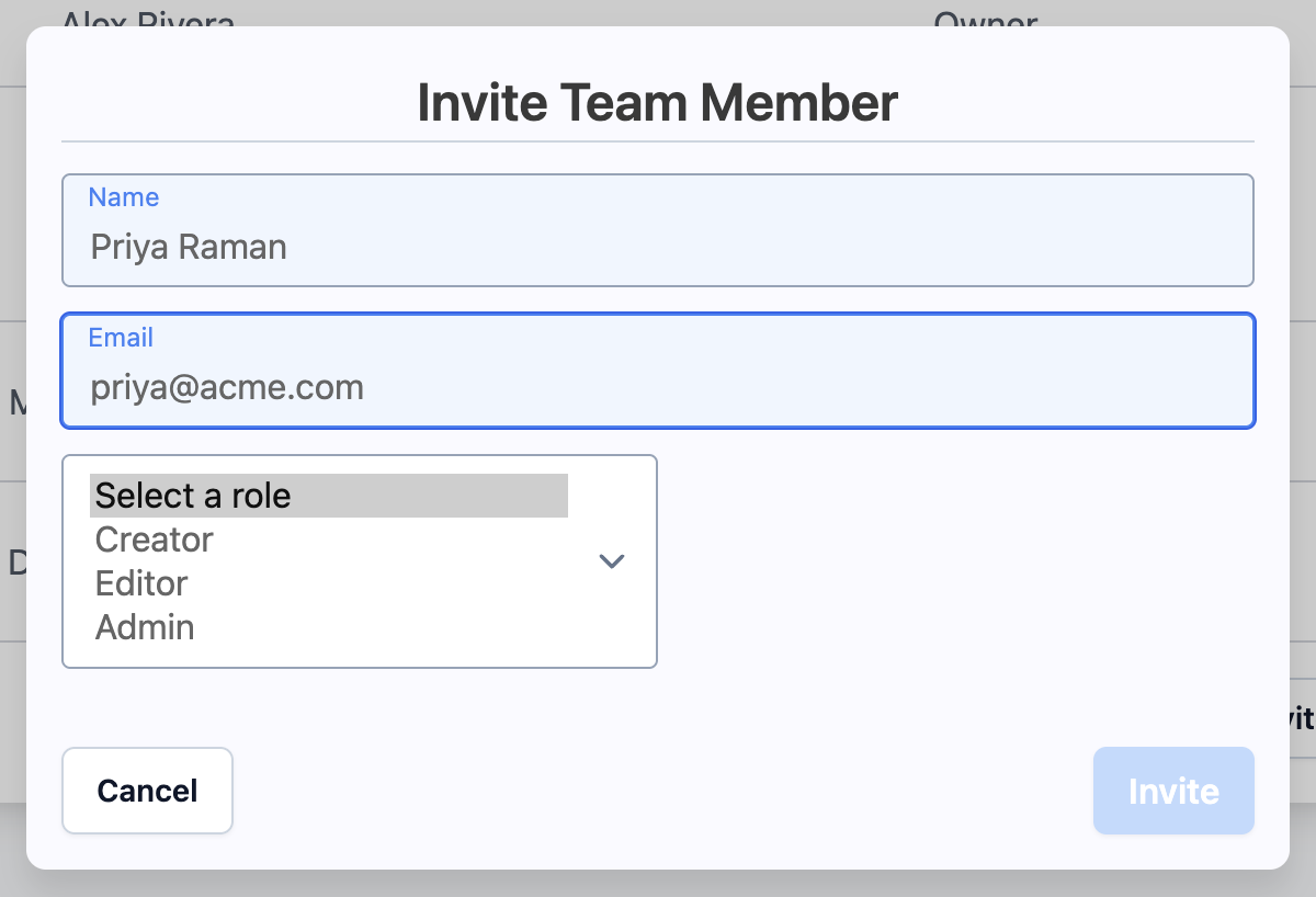 The Invite Team Member dialog with a name and email filled in and the role picker open