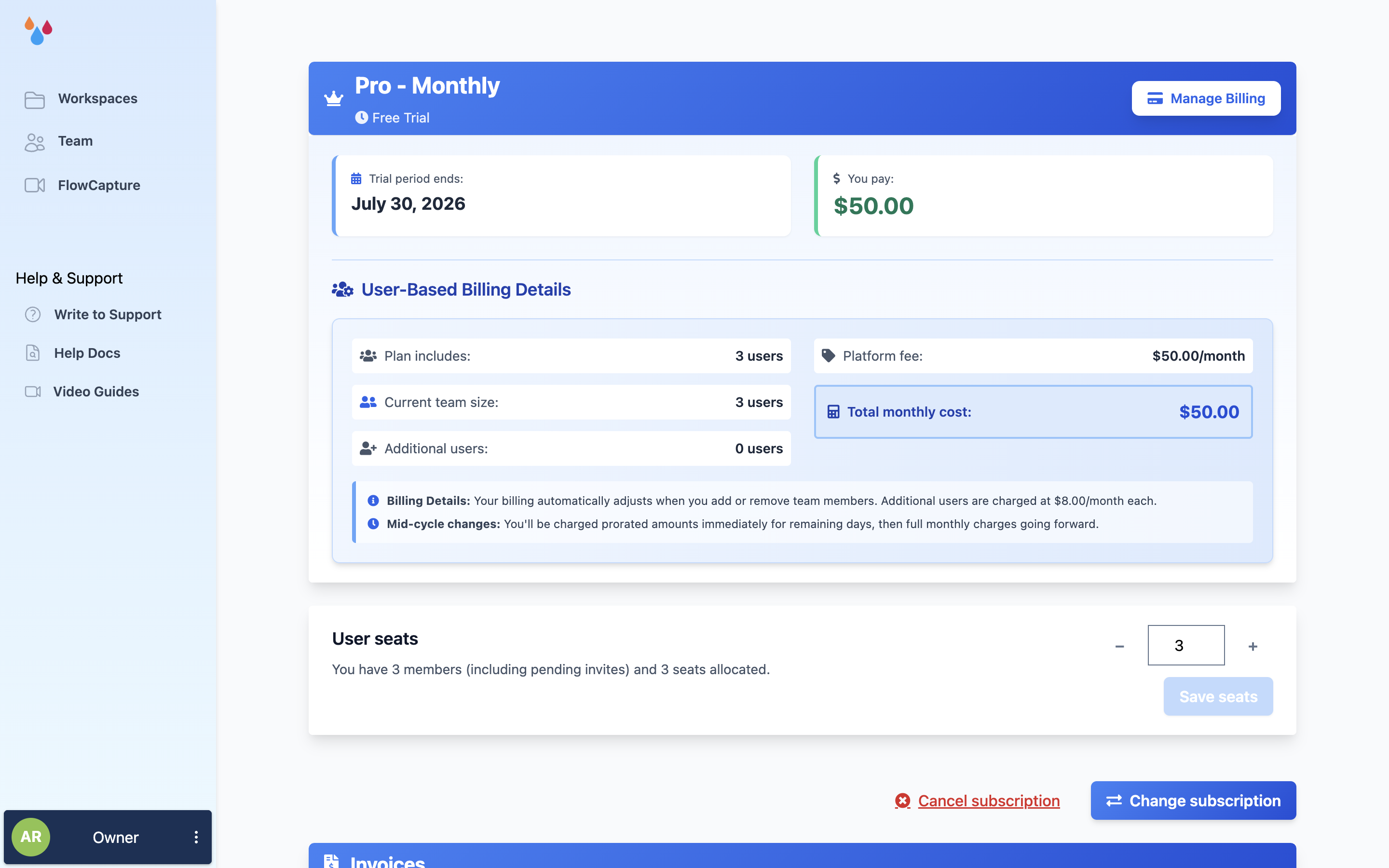 The Subscription page showing the active plan card, billing date, change and cancel controls, and the invoice list