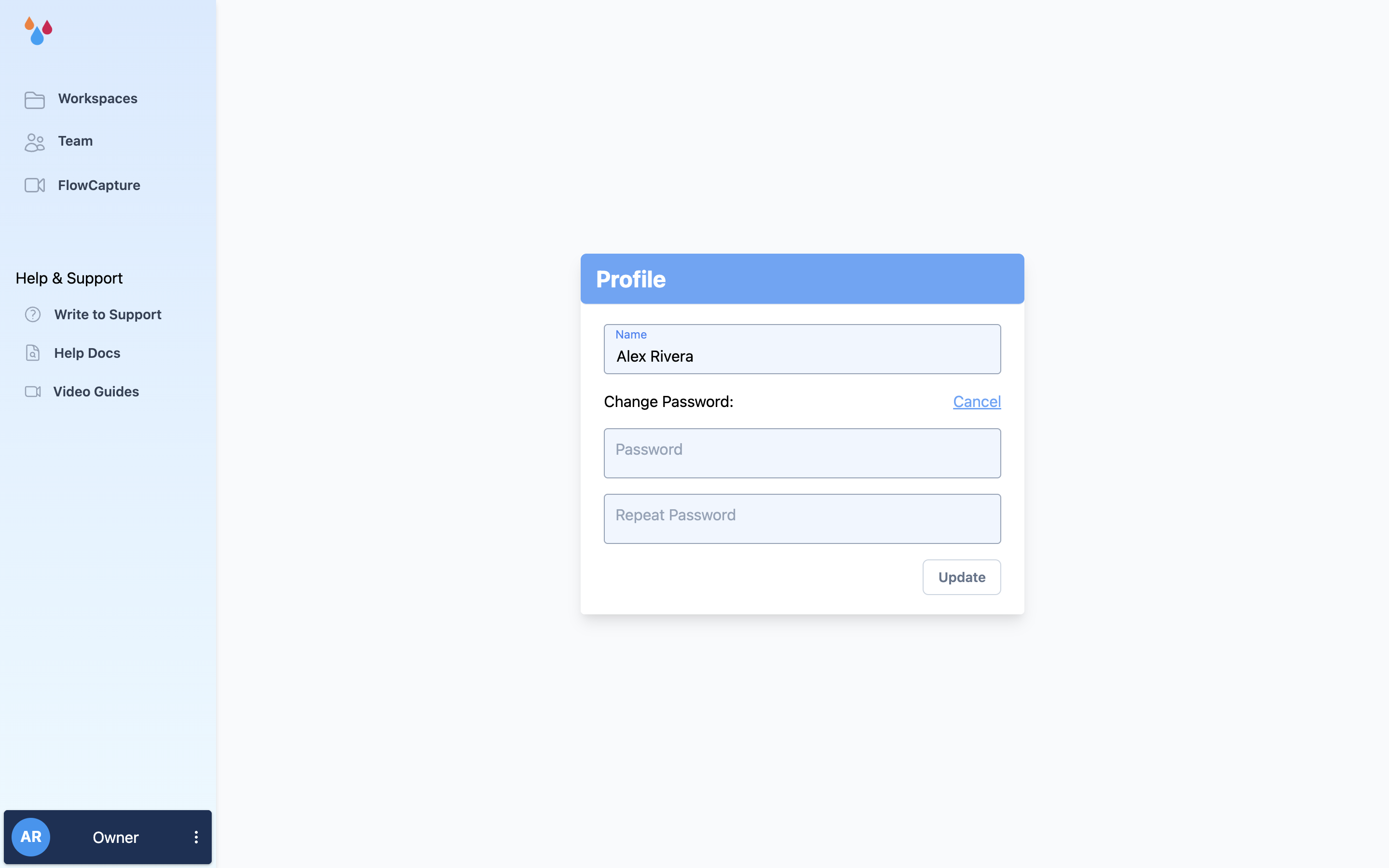 The Profile page with the name field filled in and the password fields revealed