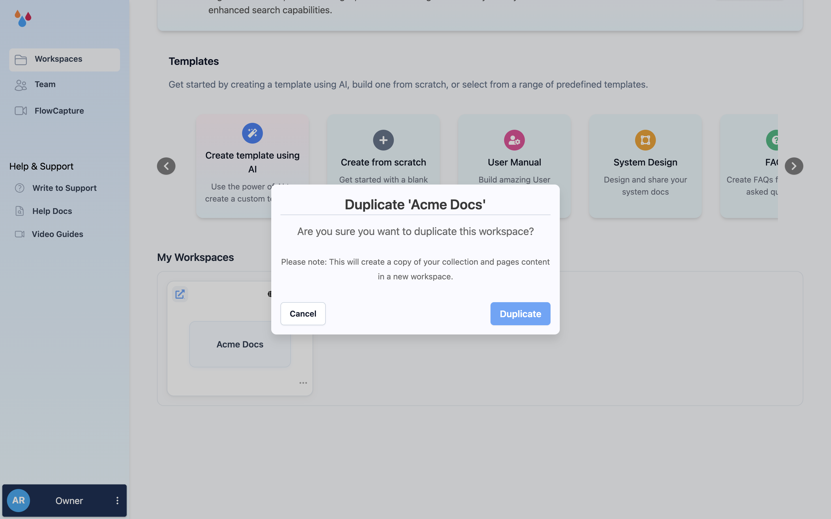 The duplicate confirmation dialog over the workspaces list