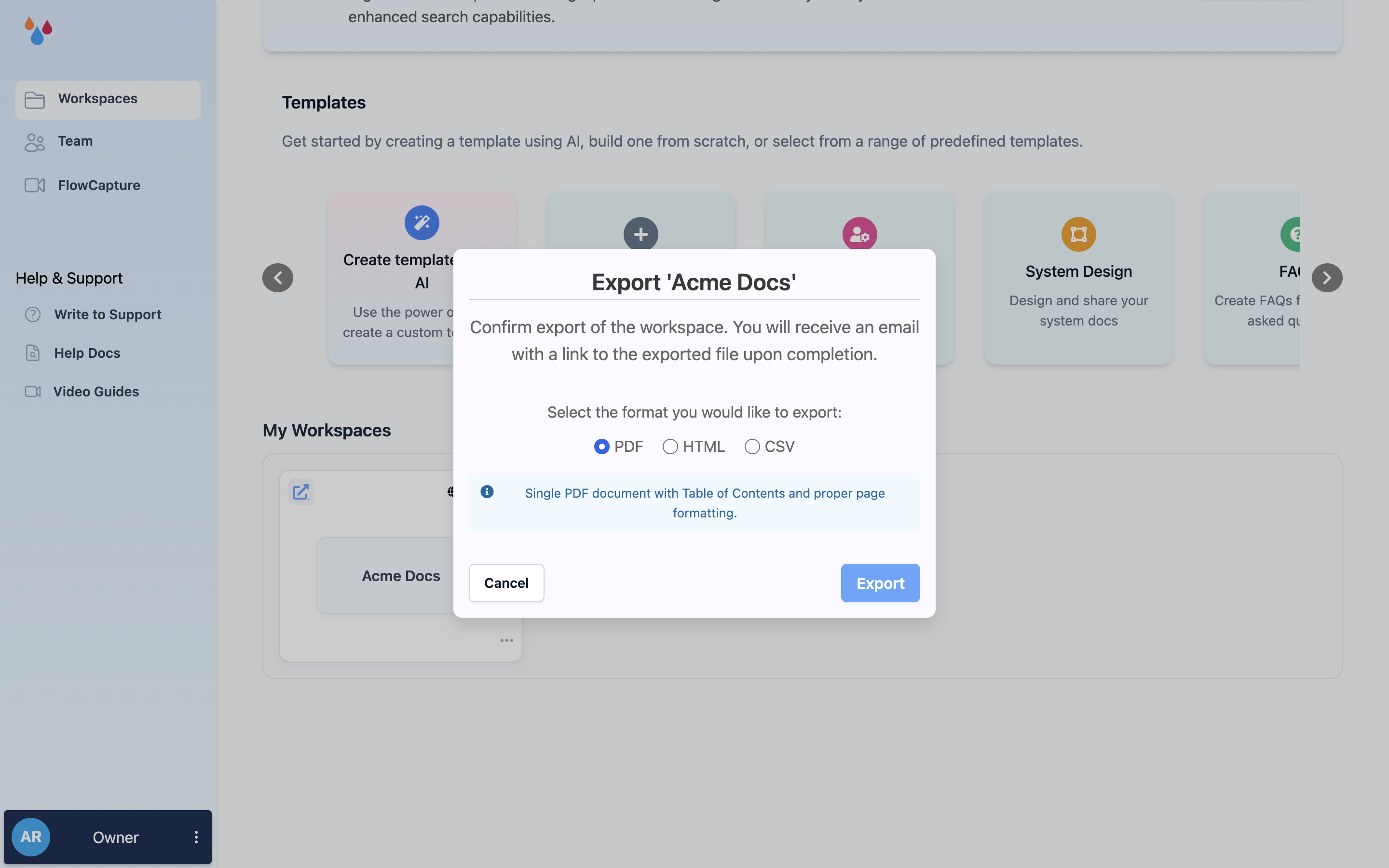 The export dialog with the PDF, HTML and CSV options and a description of the selected format
