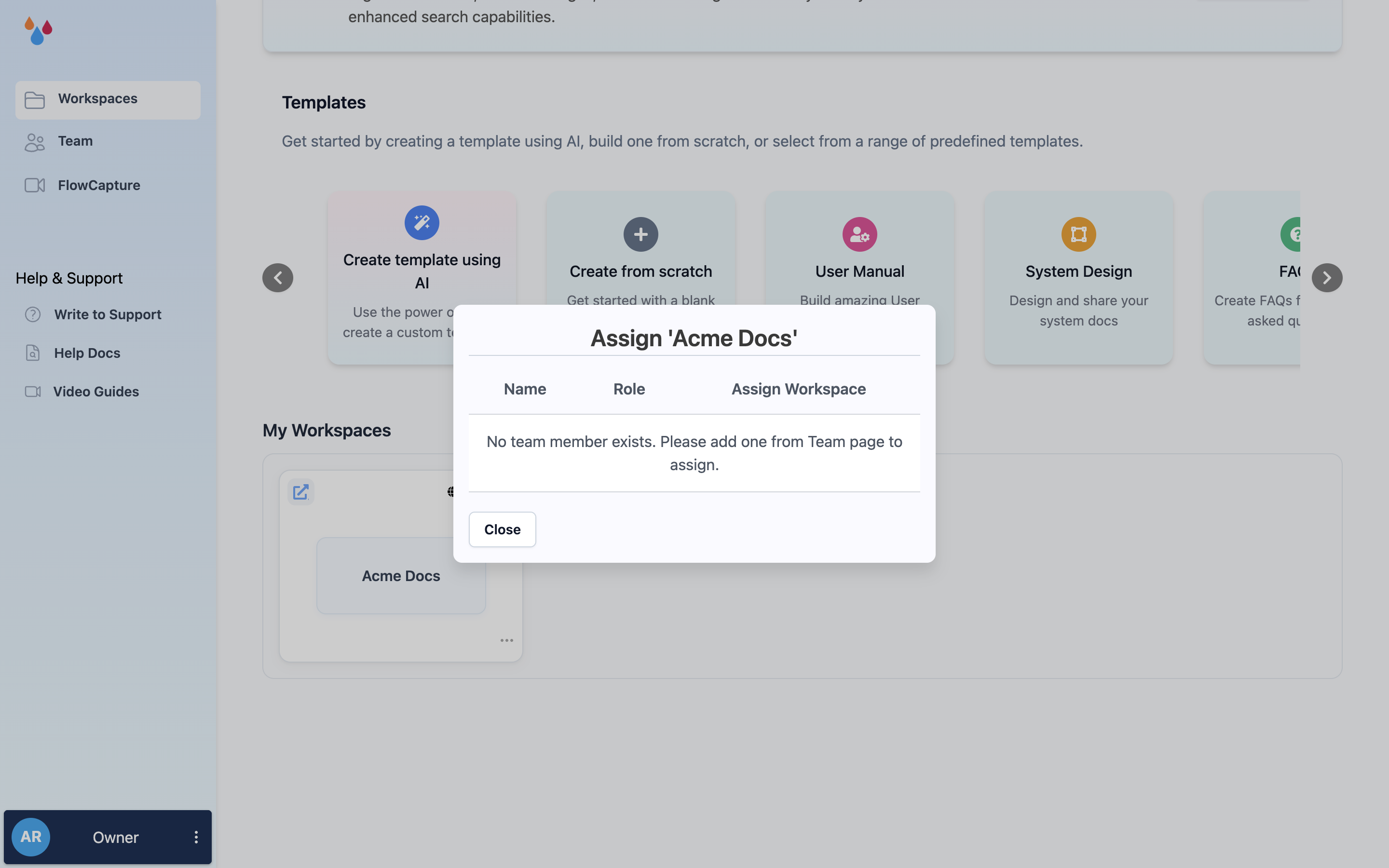 The Assign Workspace dialog listing team members with a toggle each