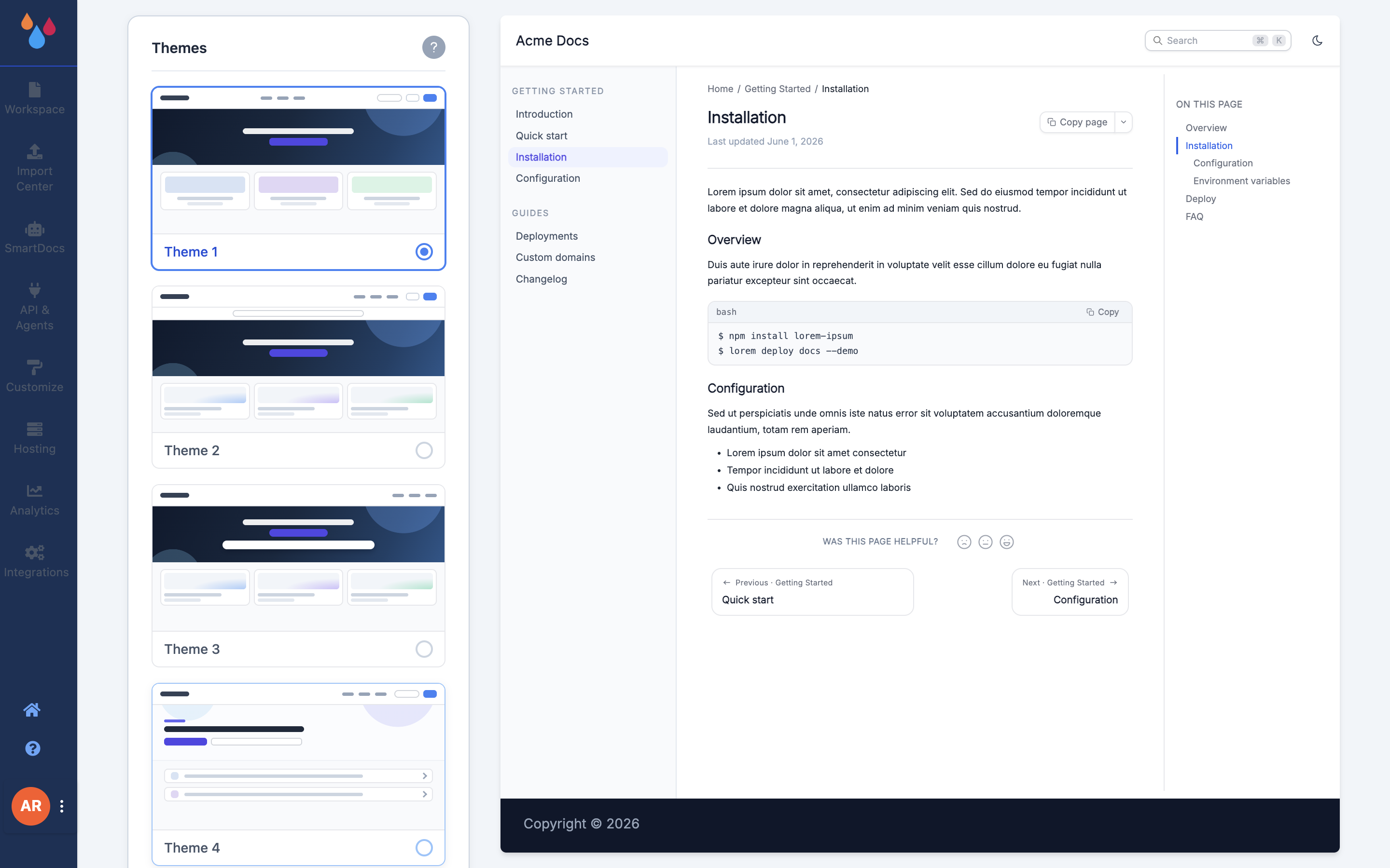 The Customize page: one column of collapsible sections, all open, with a live preview pane beside it